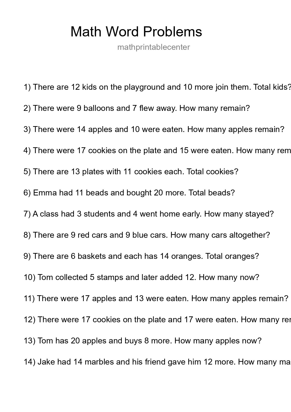 Math Word Problem Worksheet