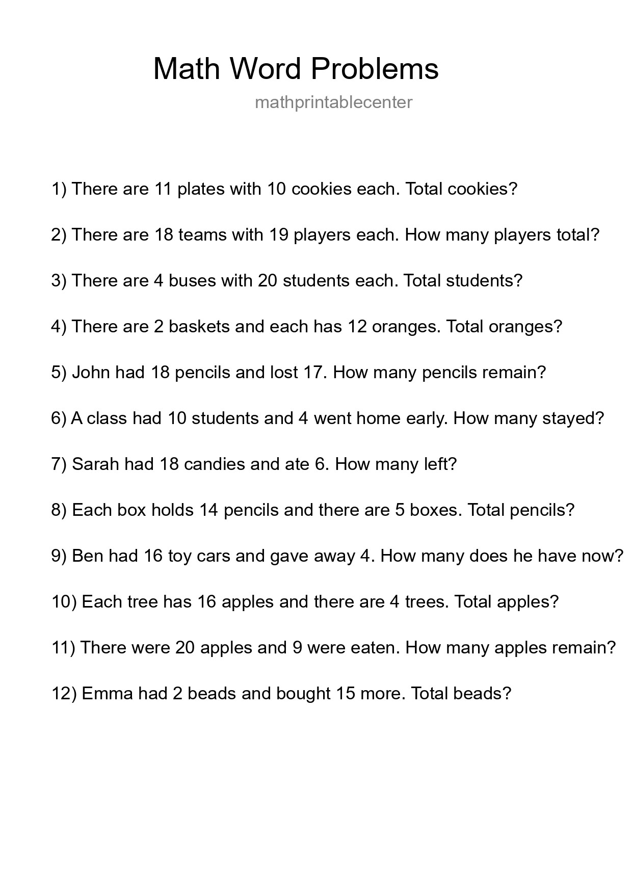 Math Word Problem Worksheet