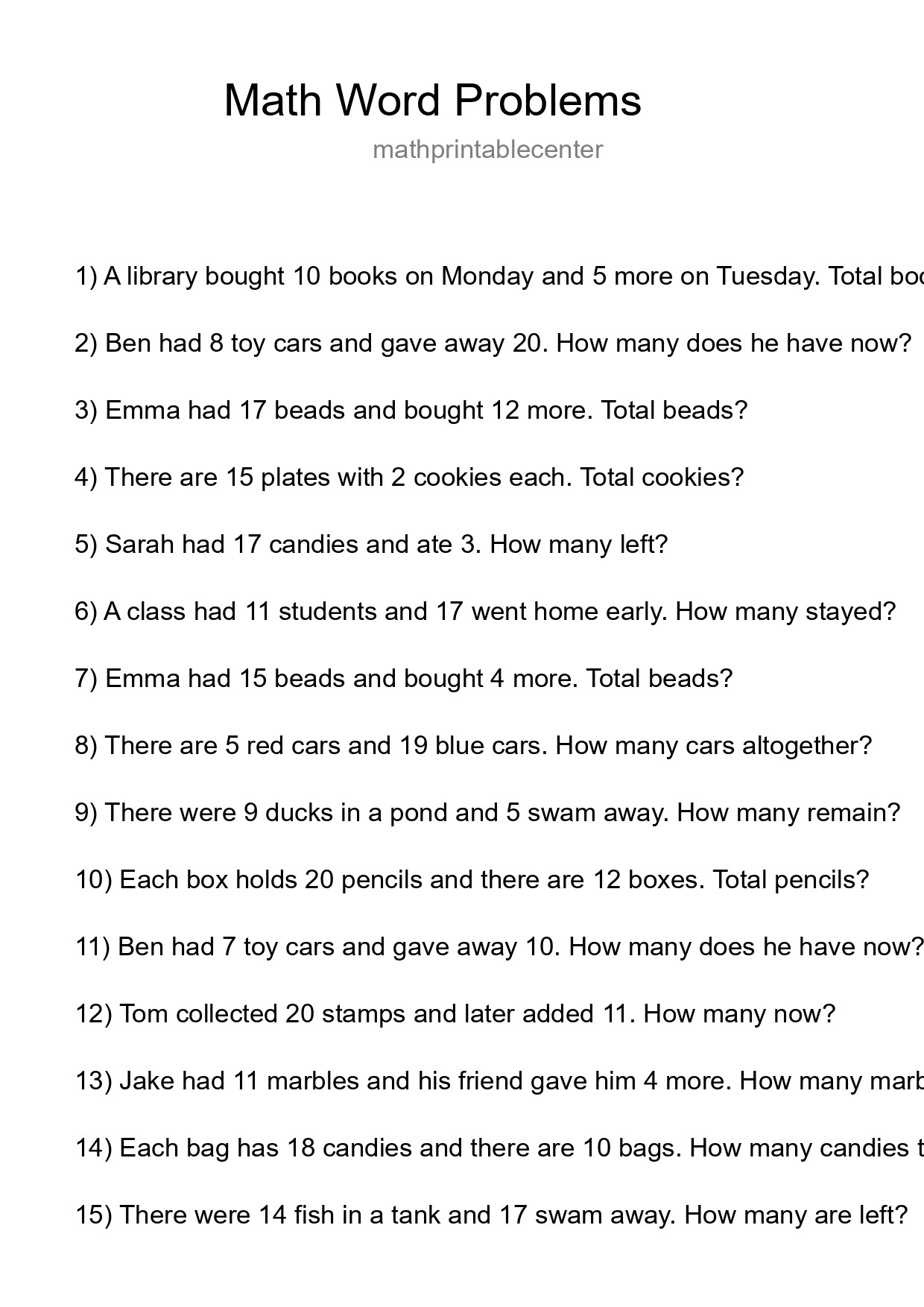 Math Word Problem Worksheet
