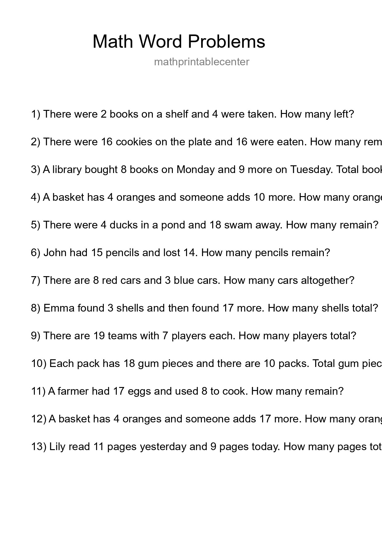 Math Word Problem Worksheet