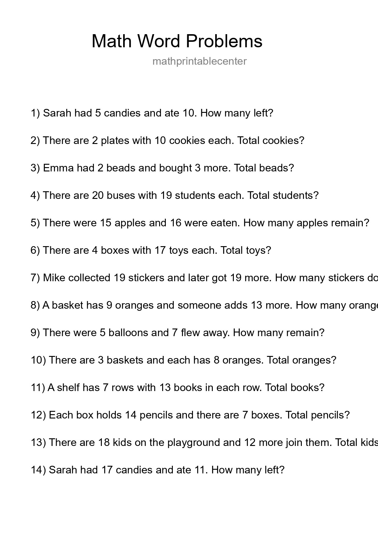 Math Word Problem Worksheet