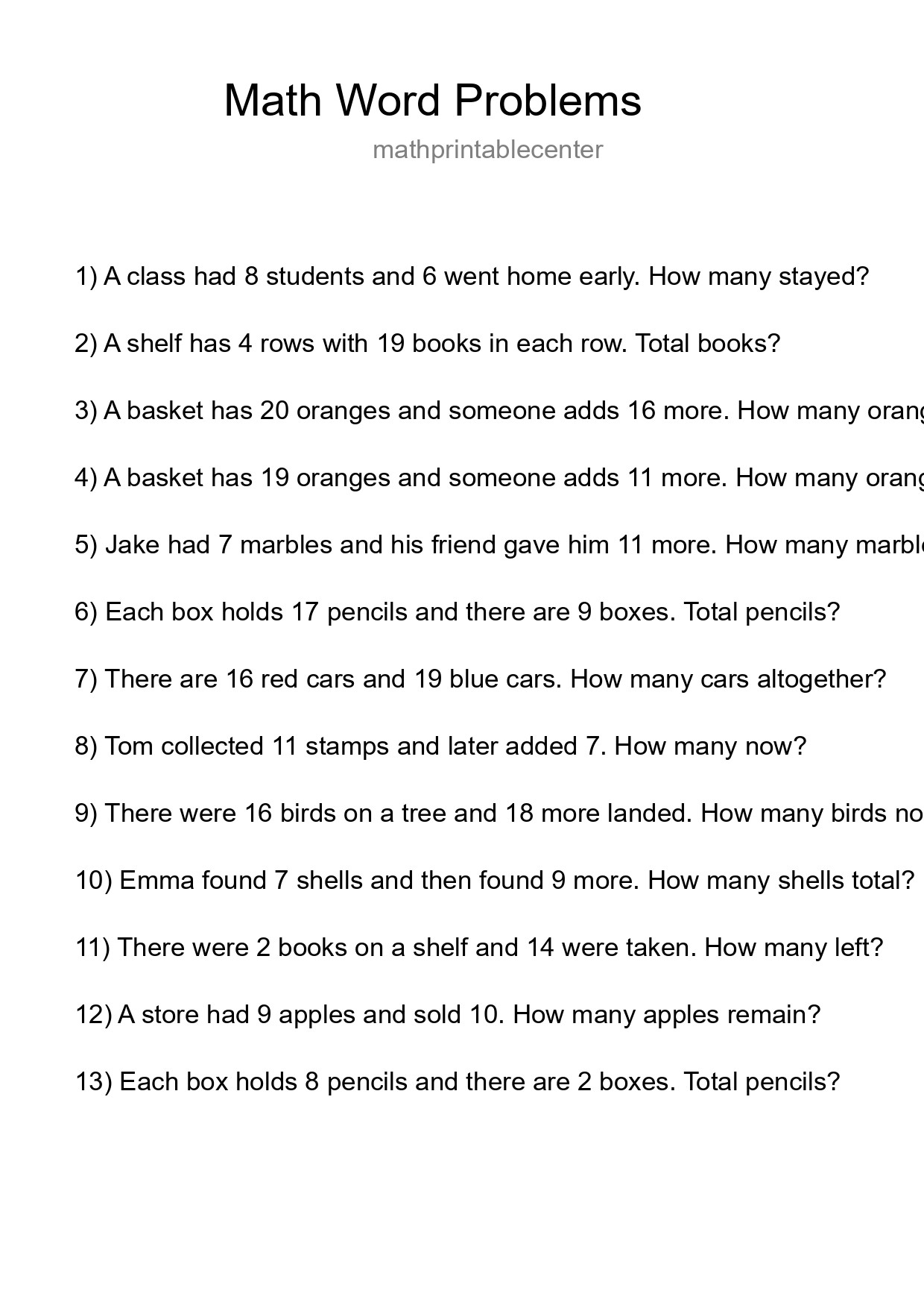 Math Word Problem Worksheet