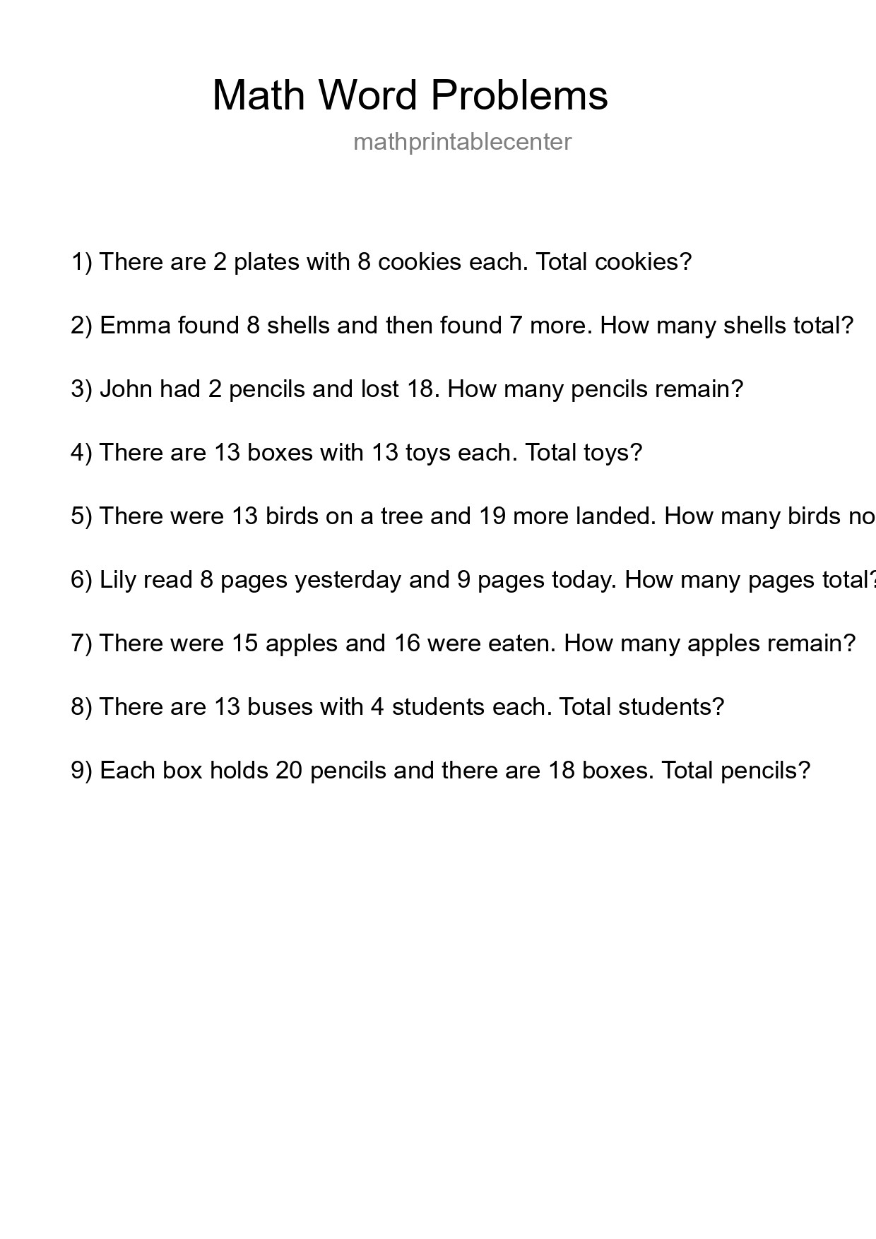 Math Word Problem Worksheet