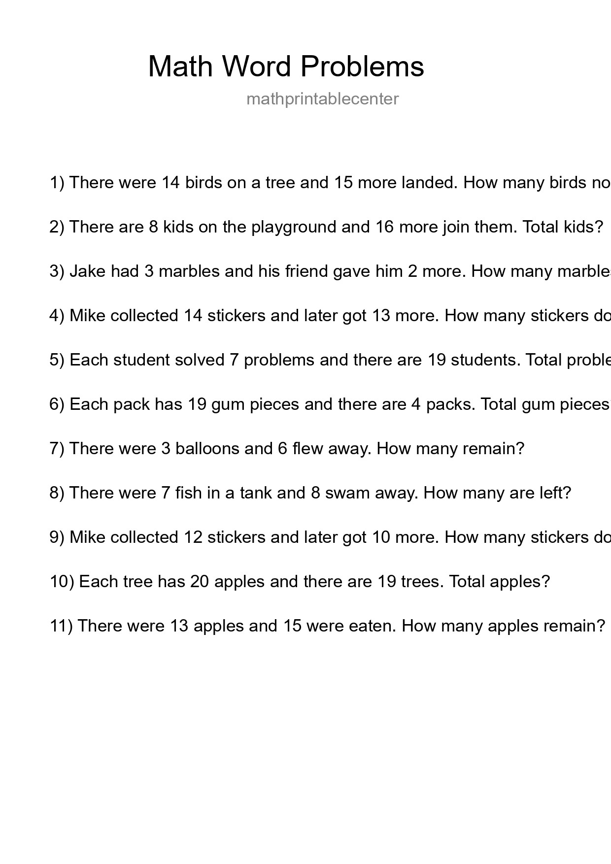 Math Word Problem Worksheet