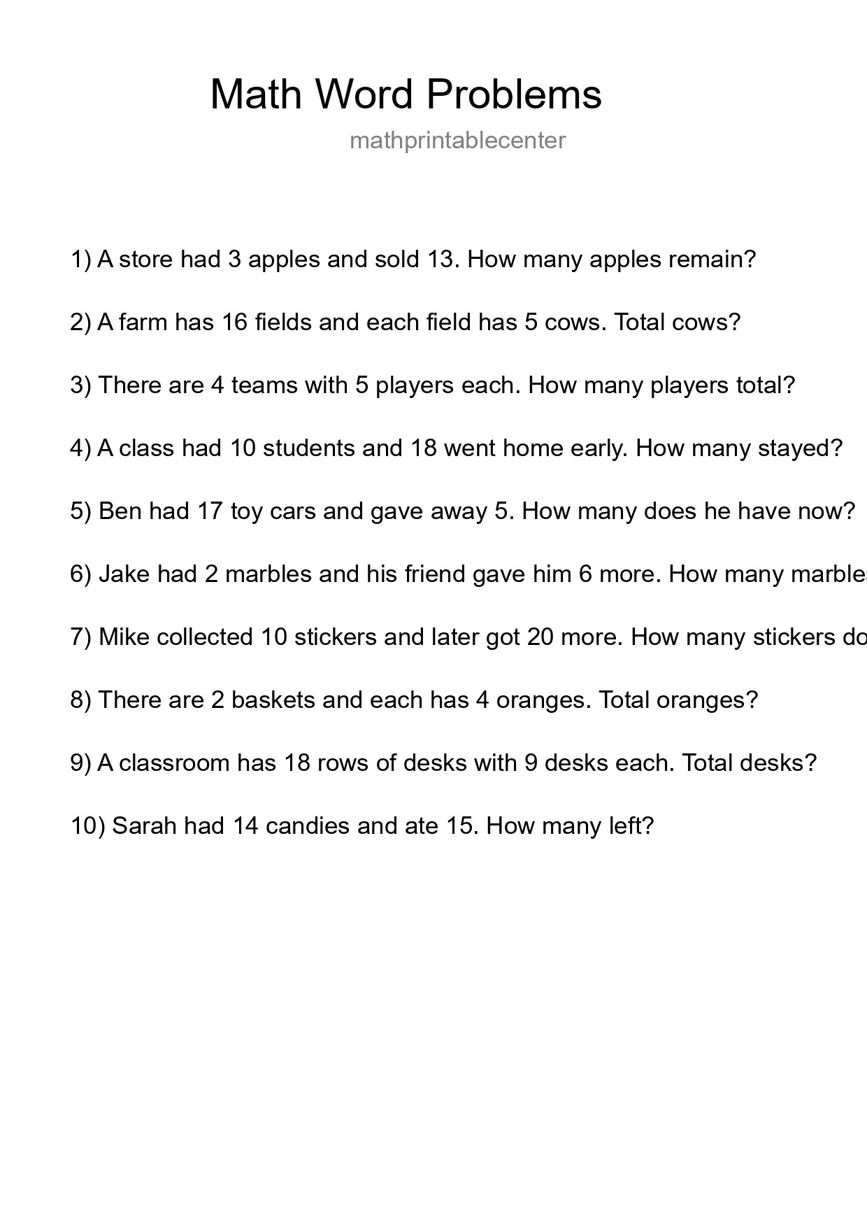 Math Word Problem Worksheet