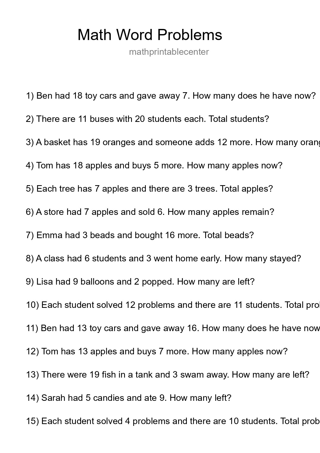 Math Word Problem Worksheet