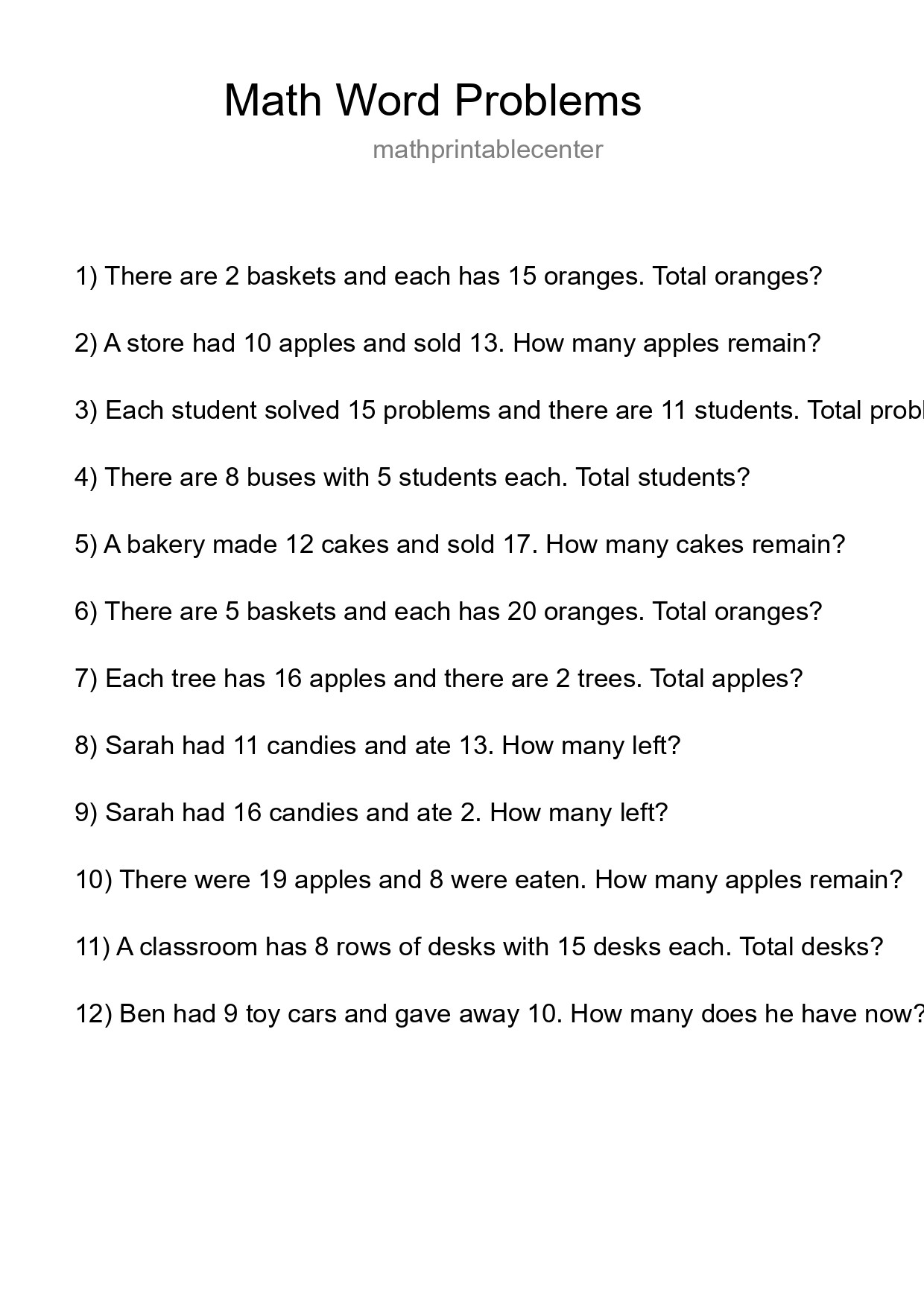 Math Word Problem Worksheet