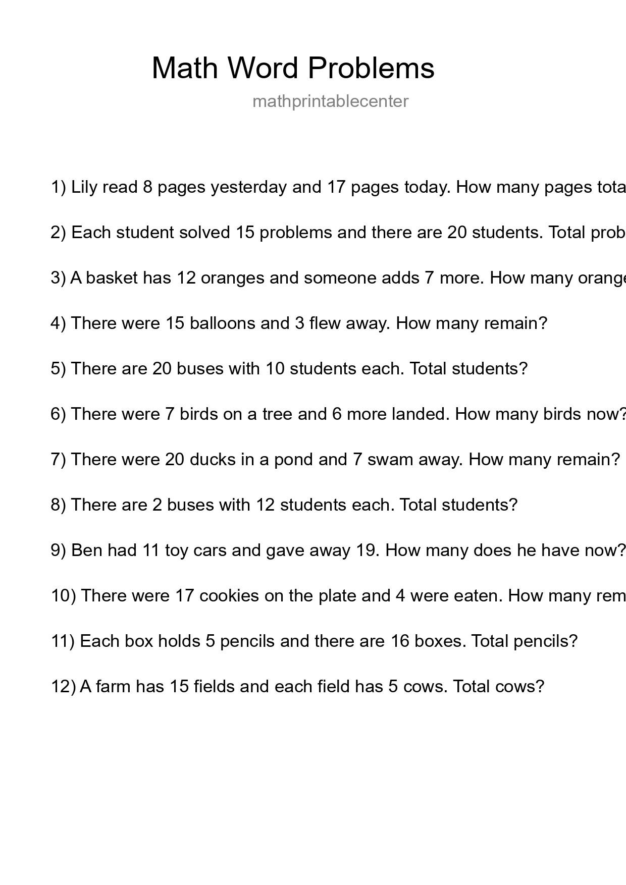 Math Word Problem Worksheet