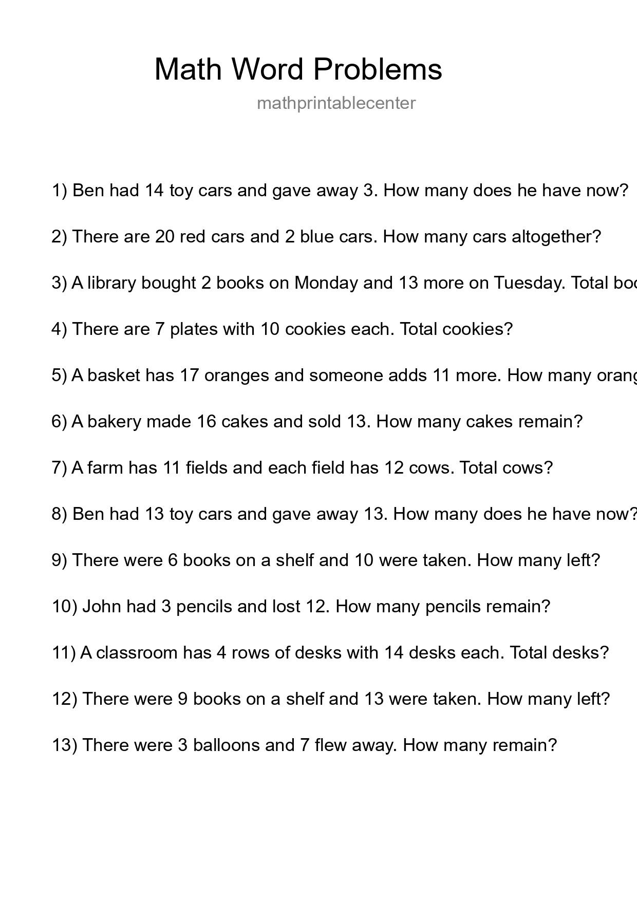 Math Word Problem Worksheet
