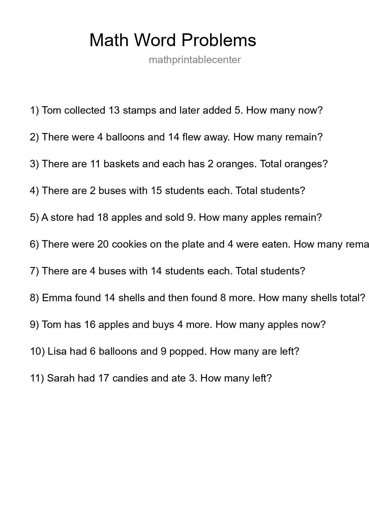 Math Word Problem Worksheet