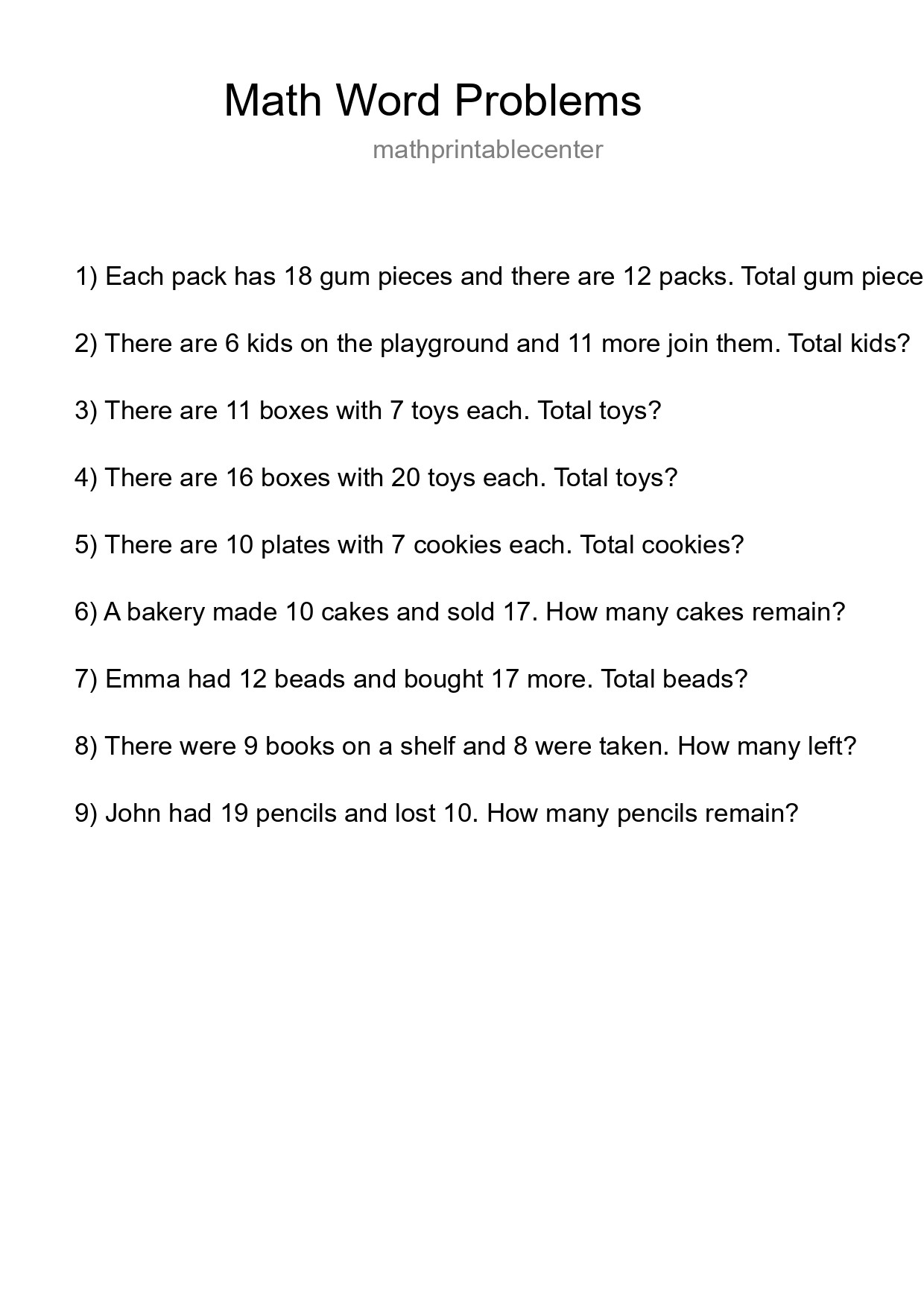 Math Word Problem Worksheet