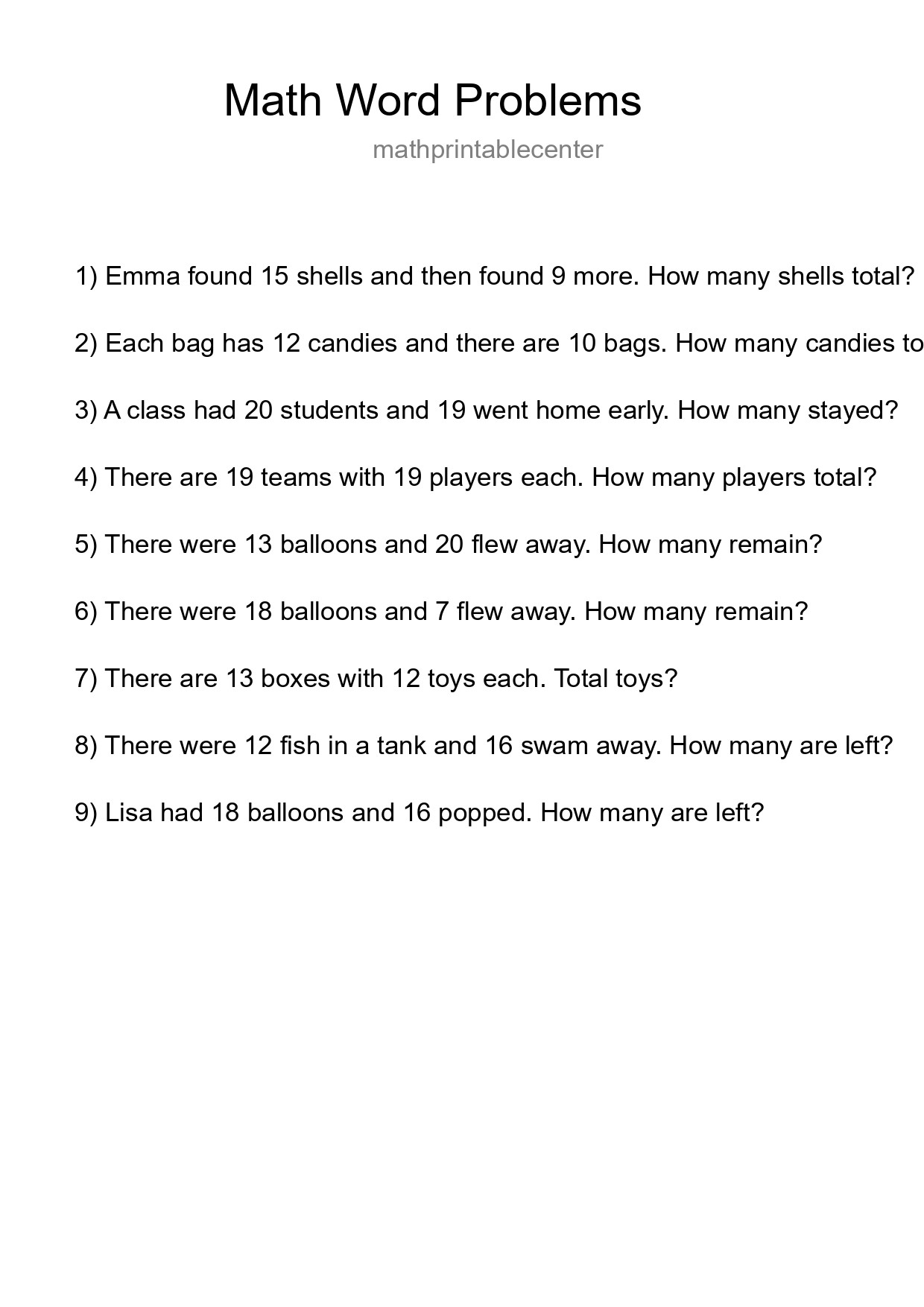 Math Word Problem Worksheet