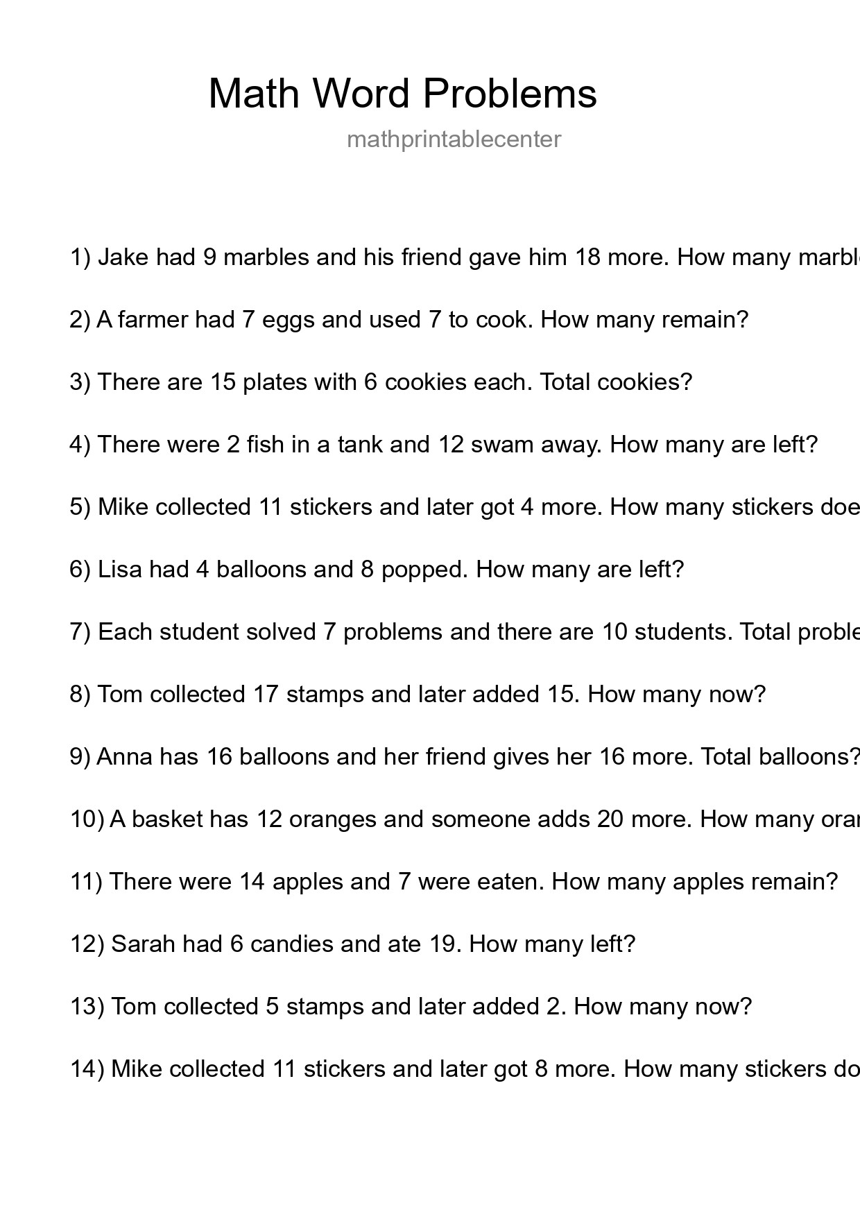 Math Word Problem Worksheet