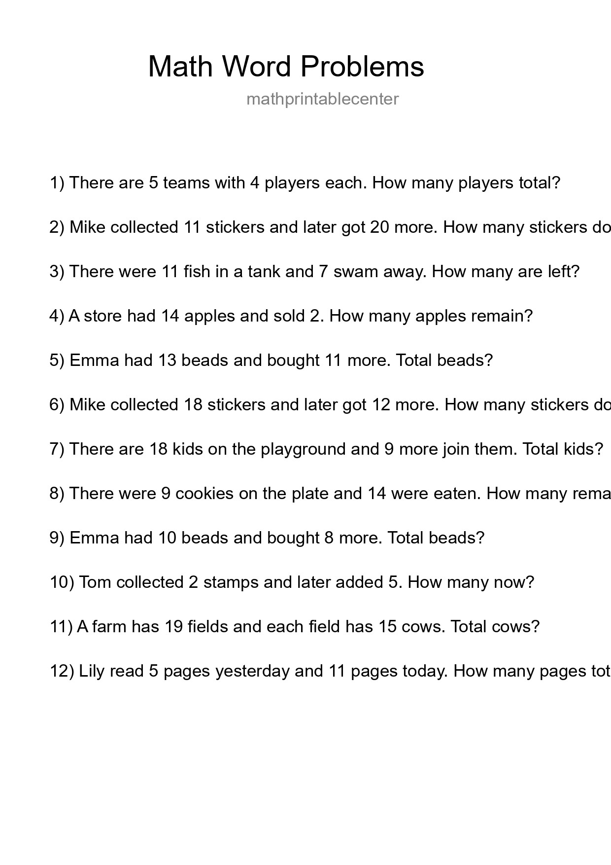 Math Word Problem Worksheet