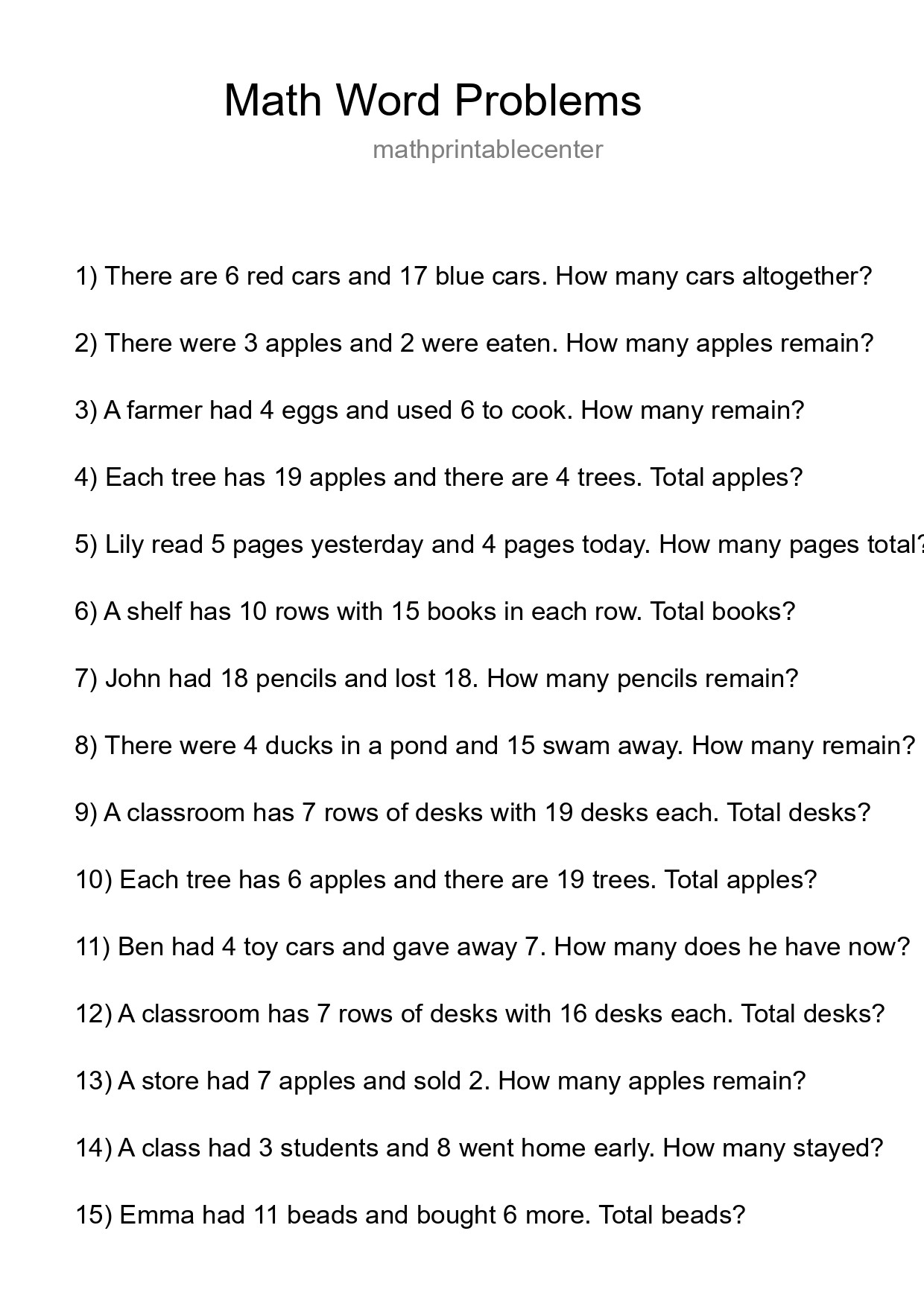 Math Word Problem Worksheet