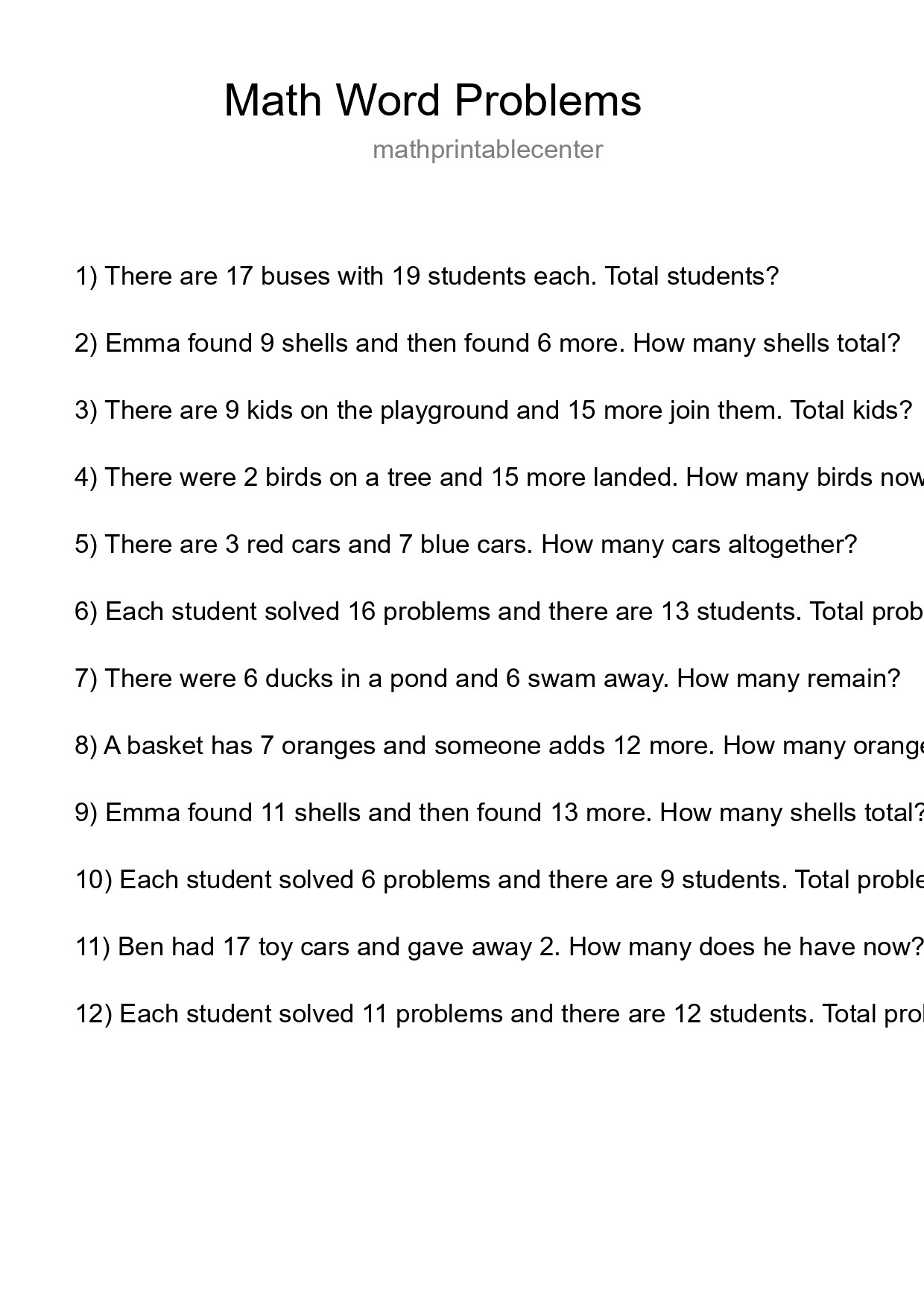 Math Word Problem Worksheet