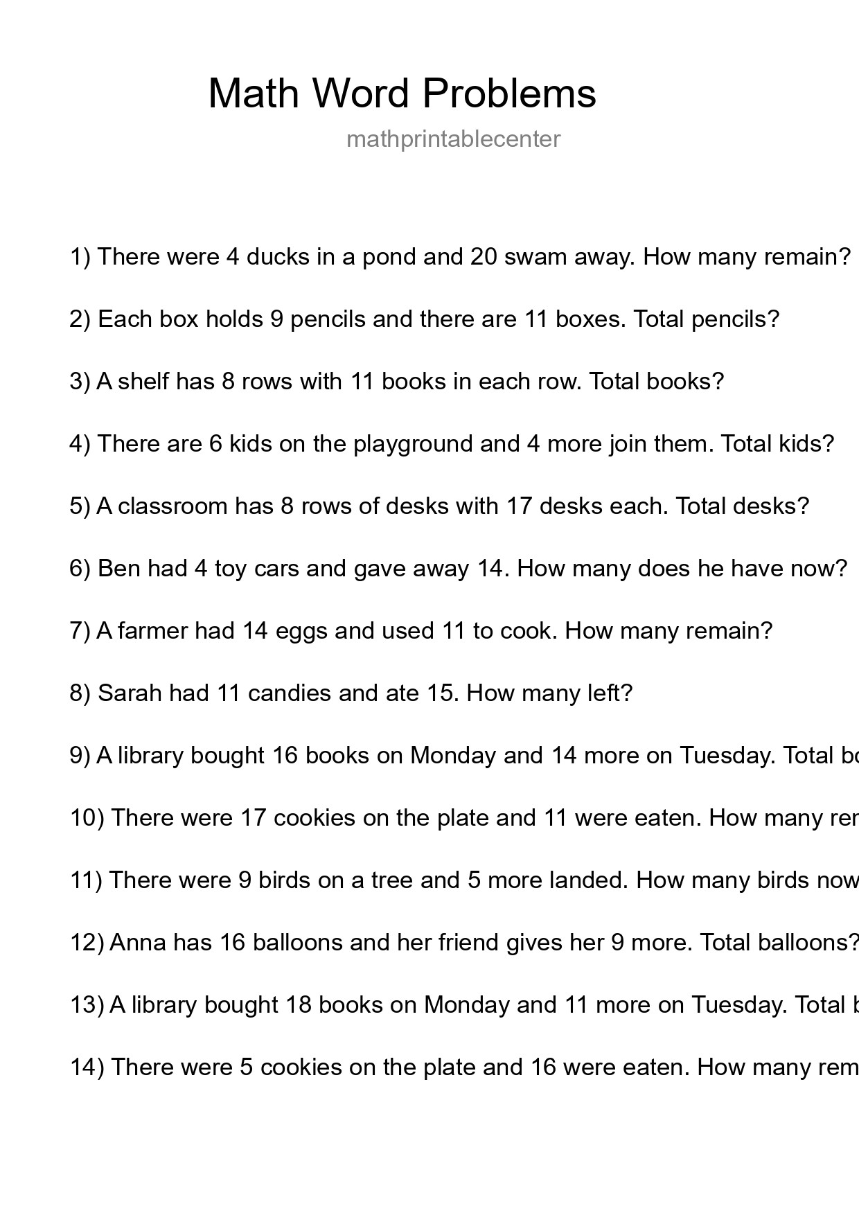 Math Word Problem Worksheet