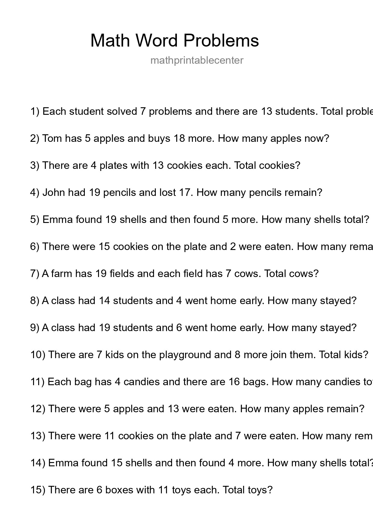 Math Word Problem Worksheet