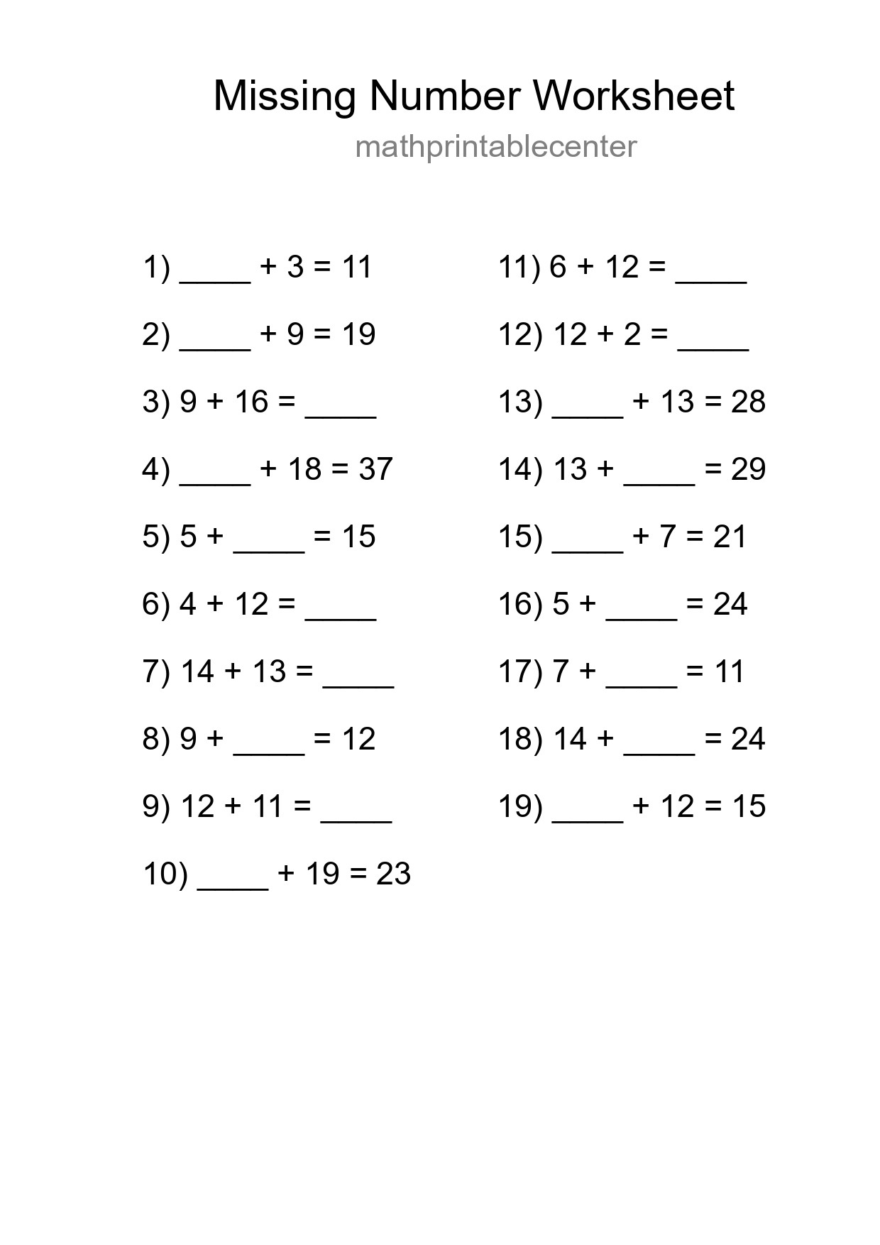 Missing Number Math Worksheet