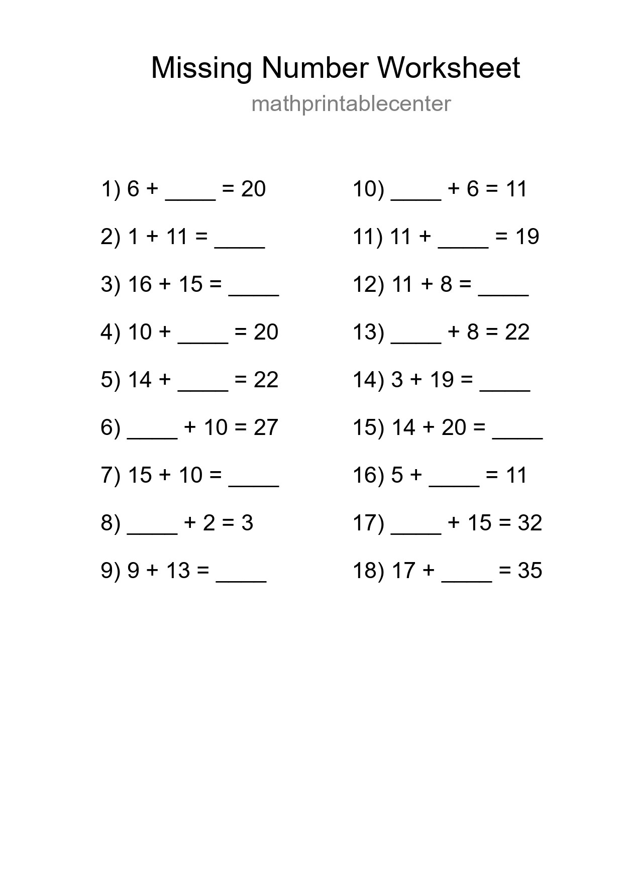 Missing Number Math Worksheet