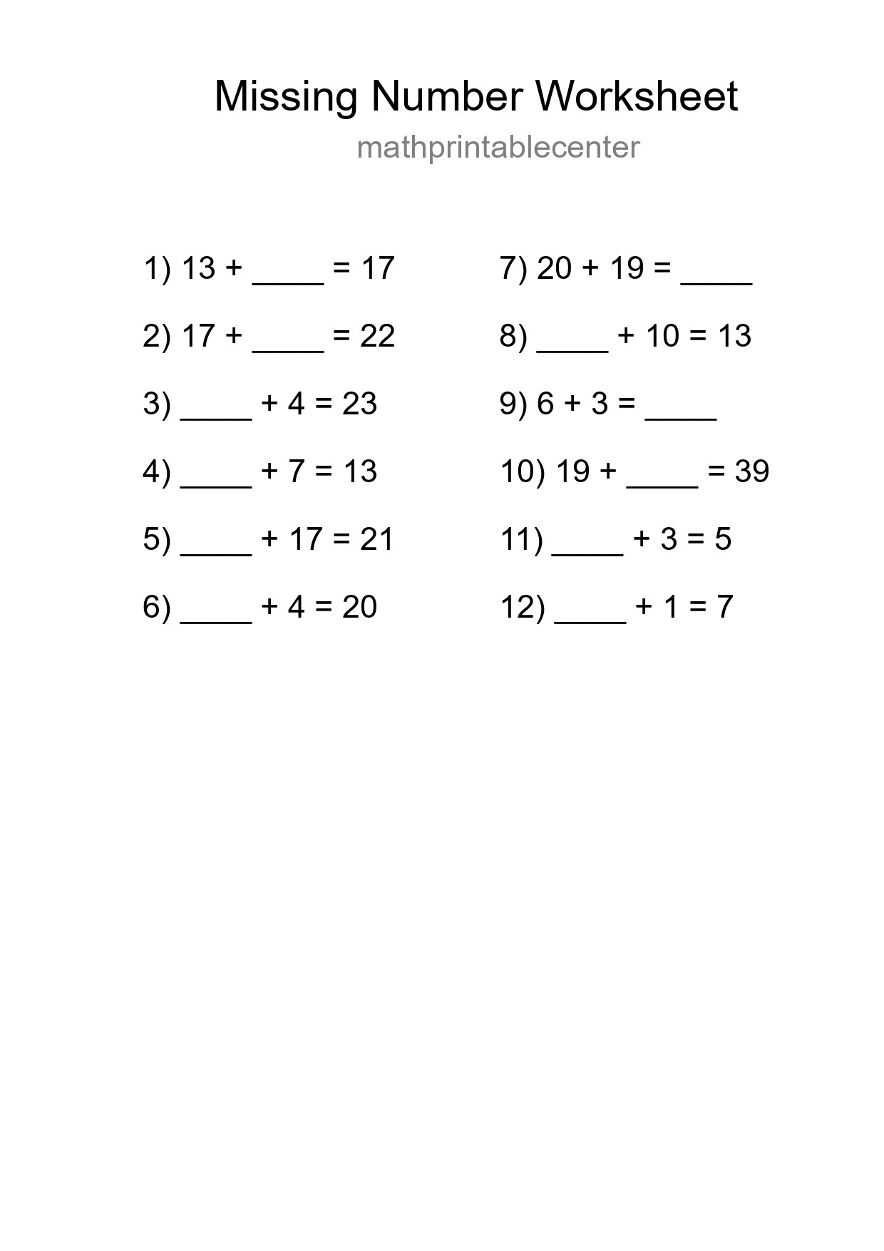 Missing Number Math Worksheet