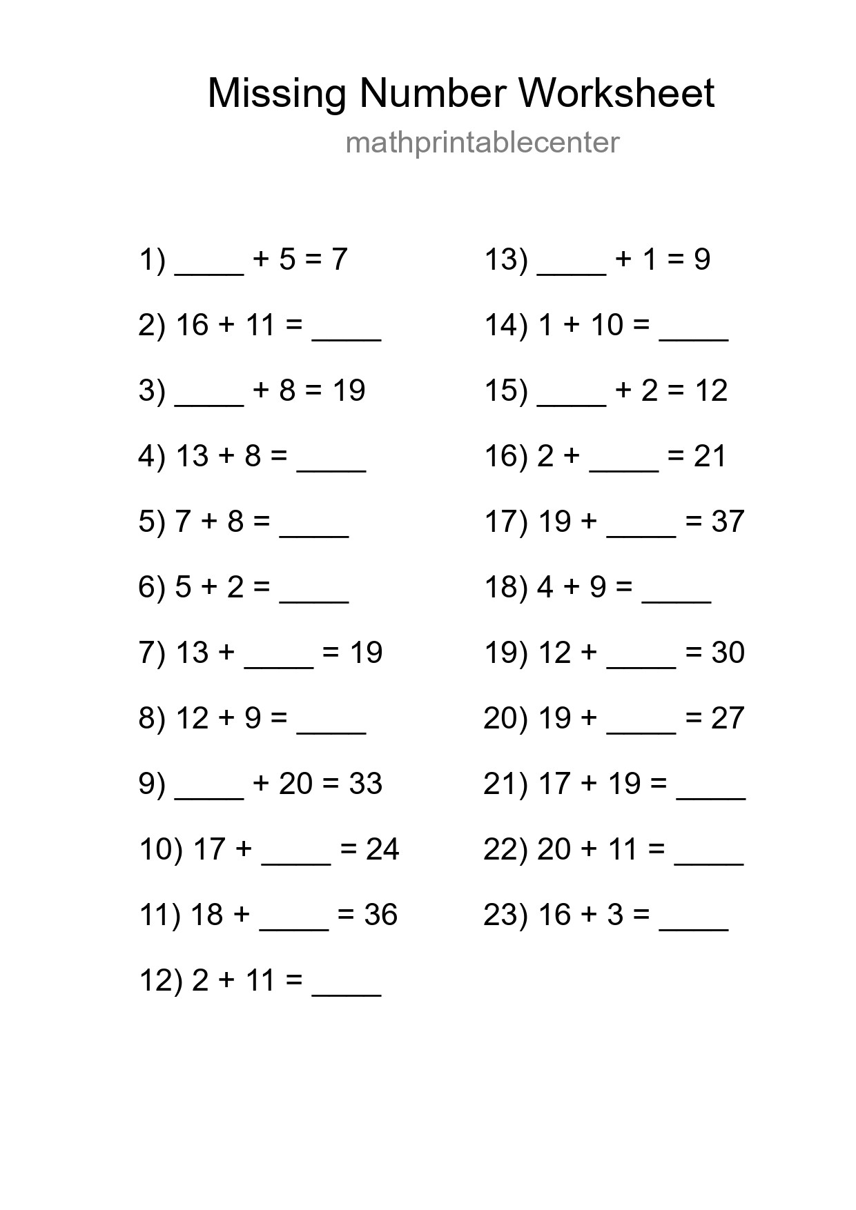 Missing Number Math Worksheet