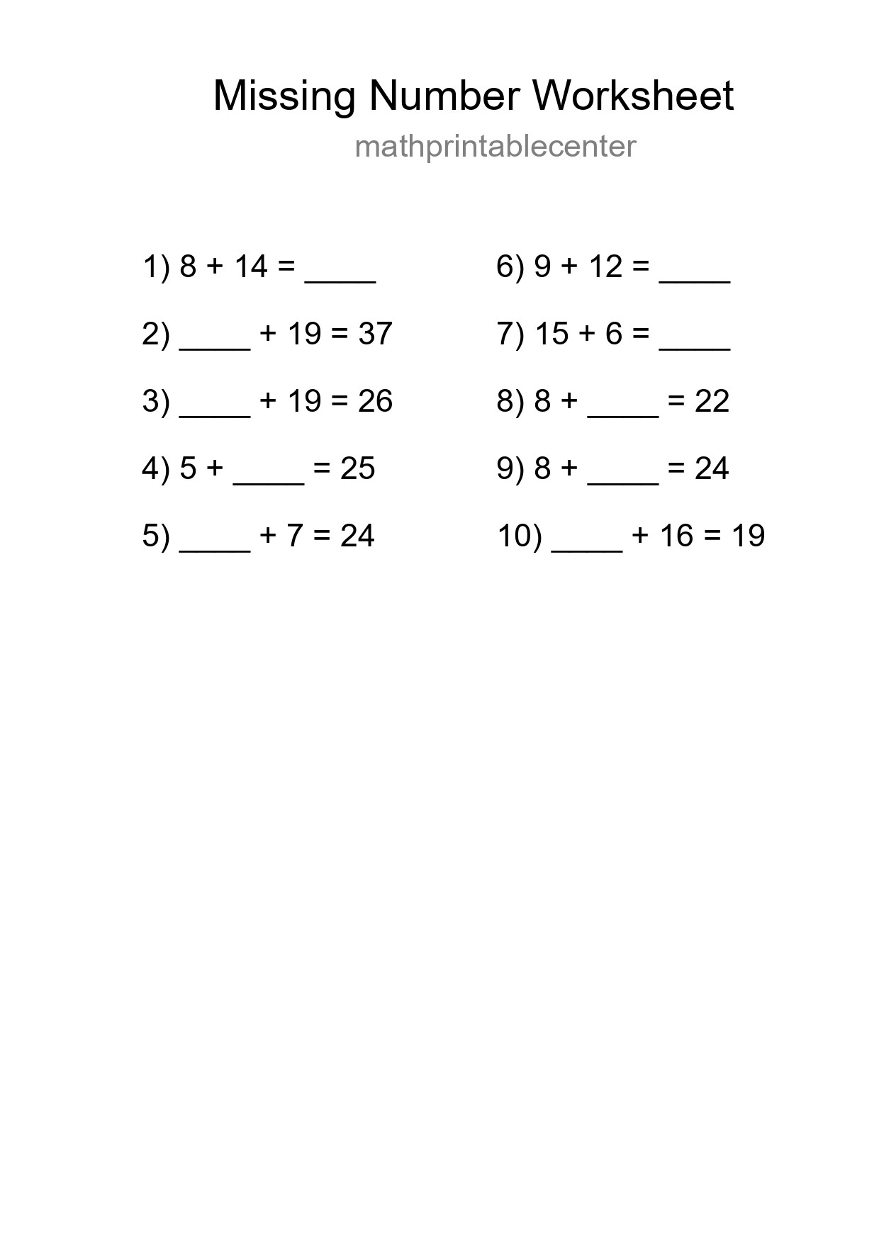 Missing Number Math Worksheet