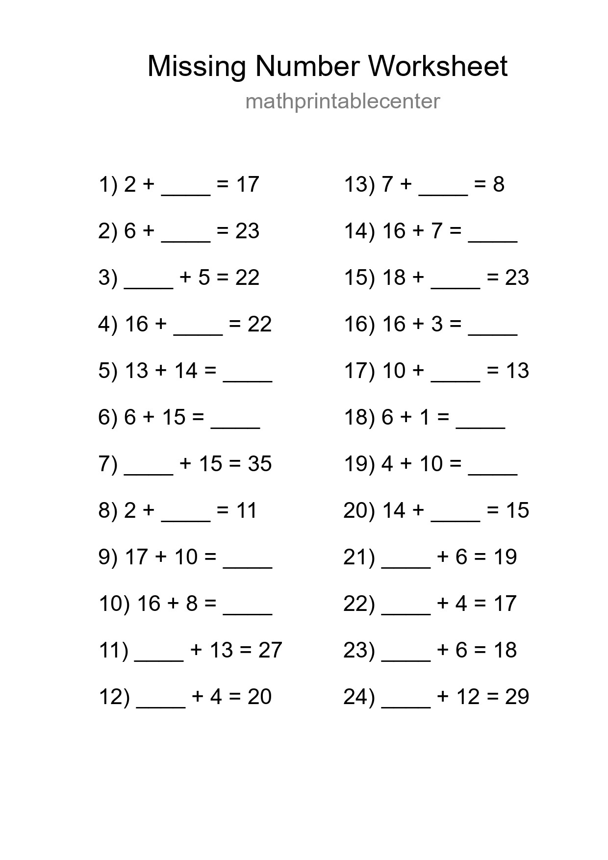 Missing Number Math Worksheet