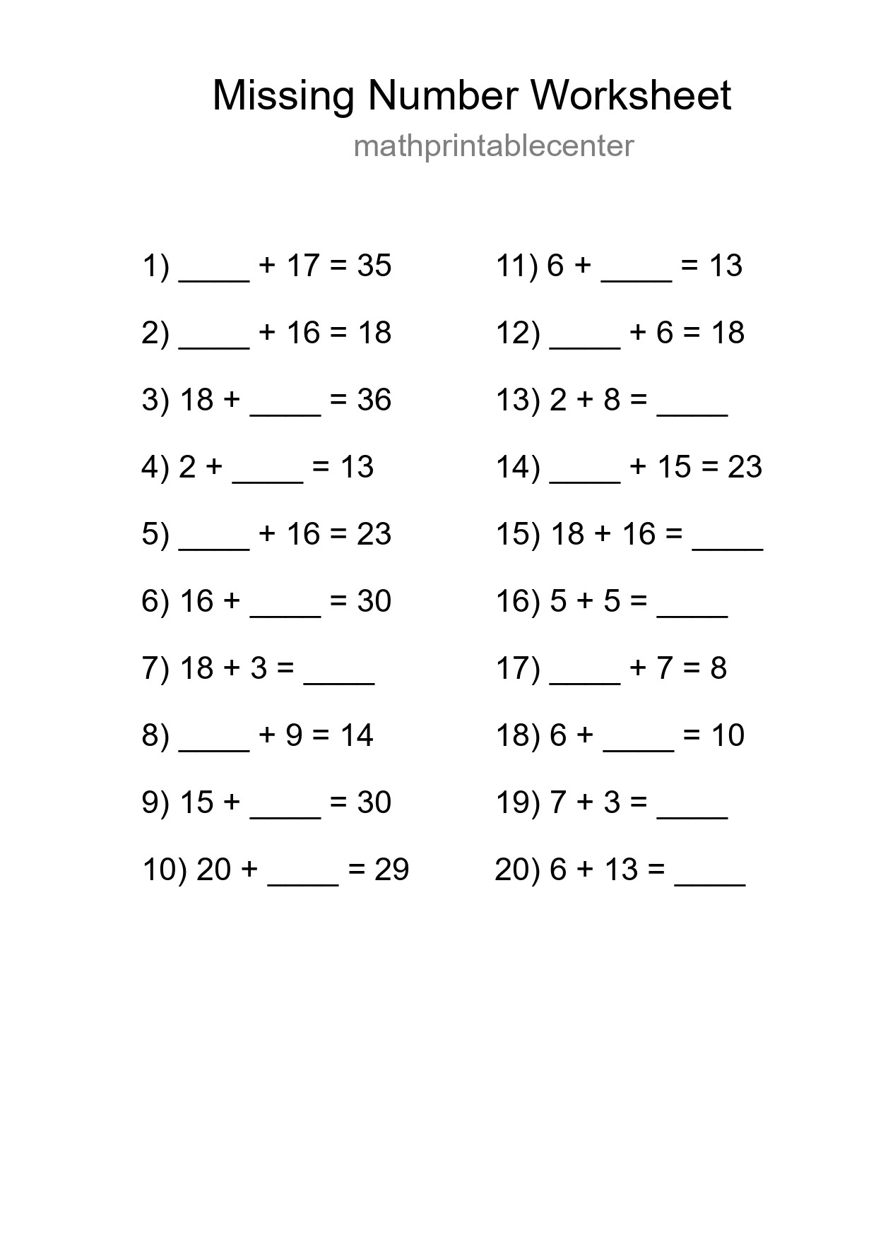 Missing Number Math Worksheet