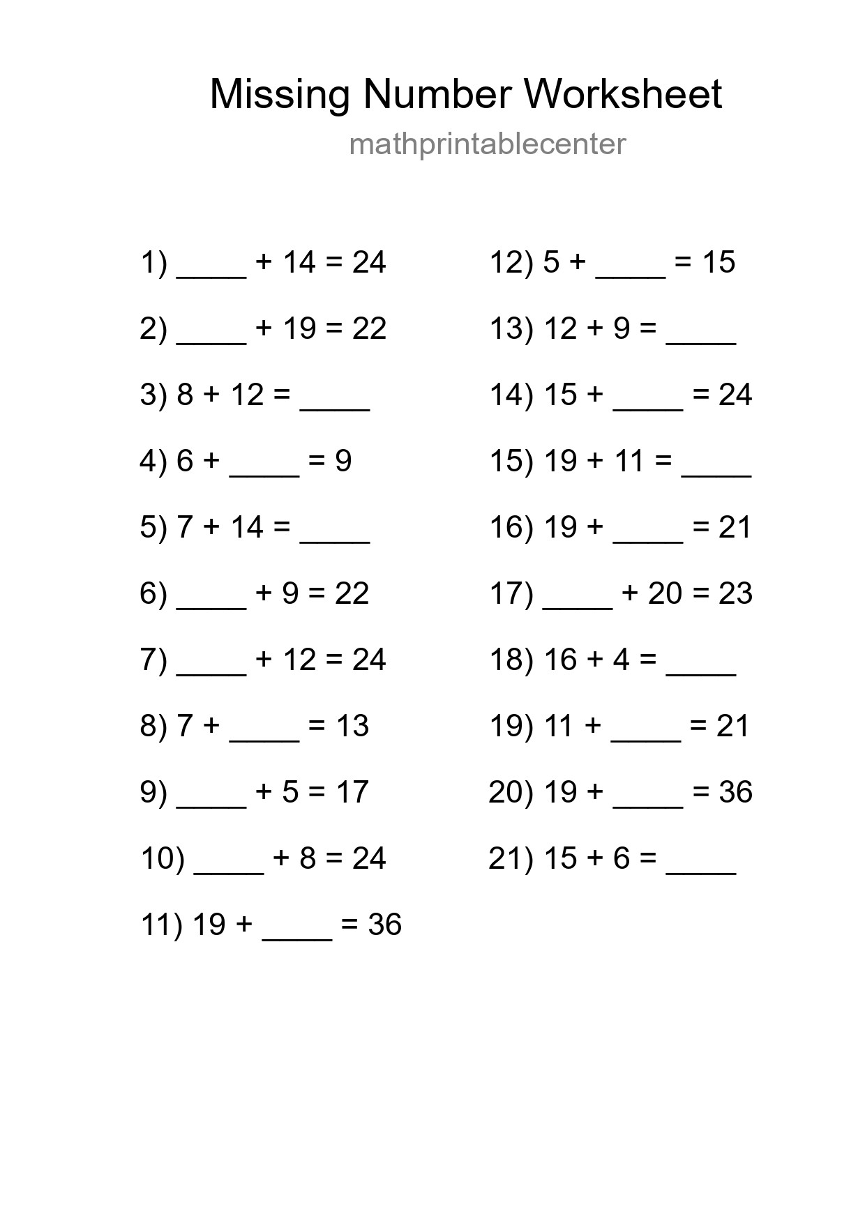 Missing Number Math Worksheet