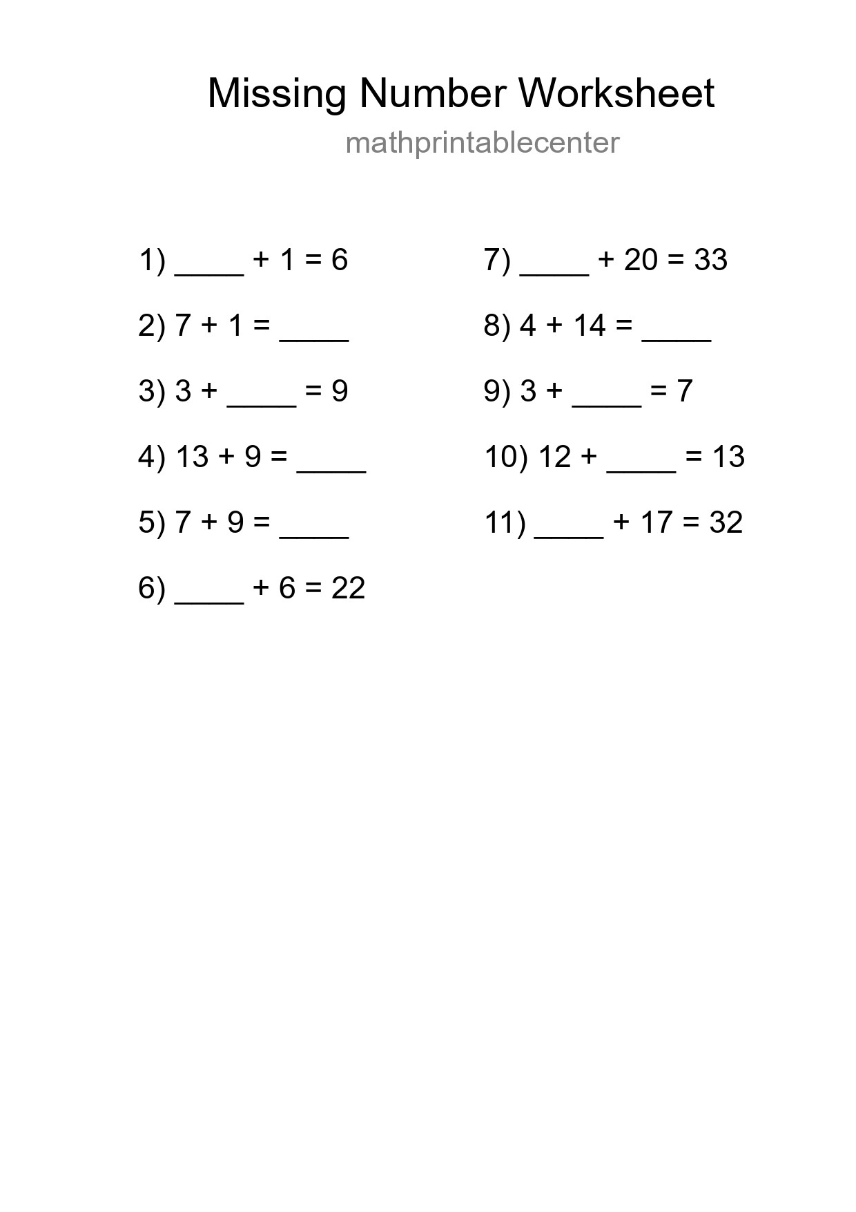 Missing Number Math Worksheet