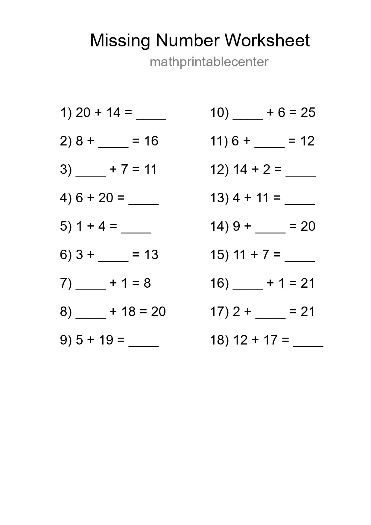 Missing Number Math Worksheet