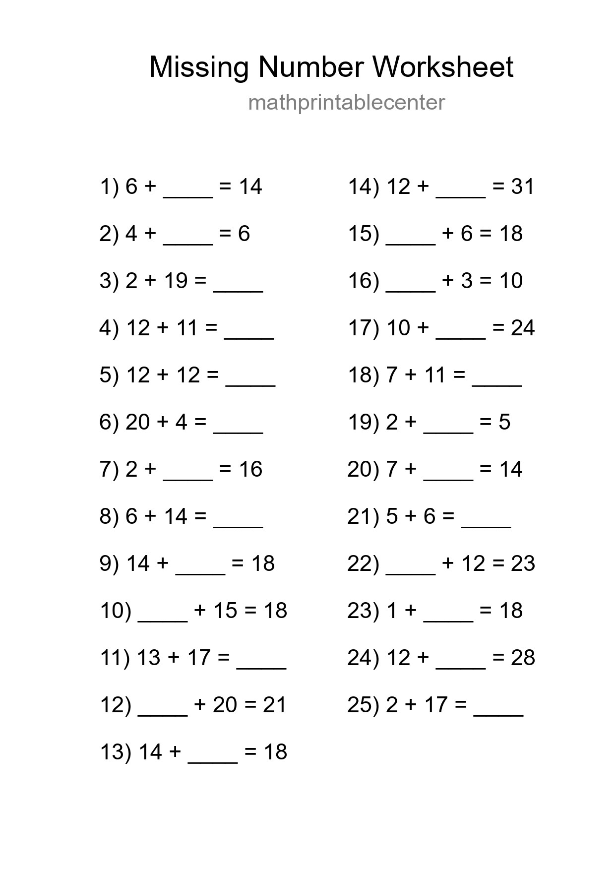Missing Number Math Worksheet