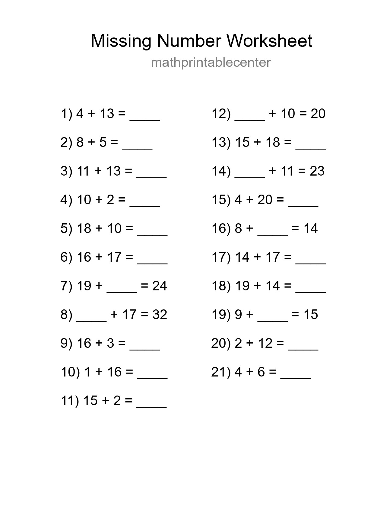 Missing Number Math Worksheet
