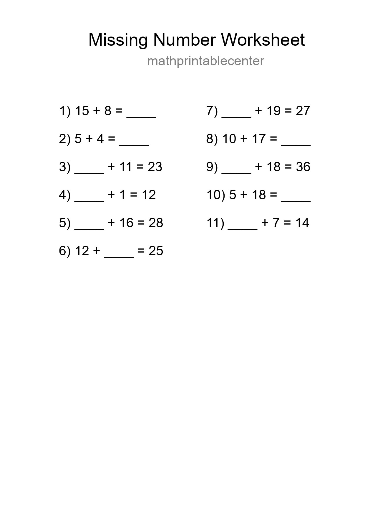 Missing Number Math Worksheet