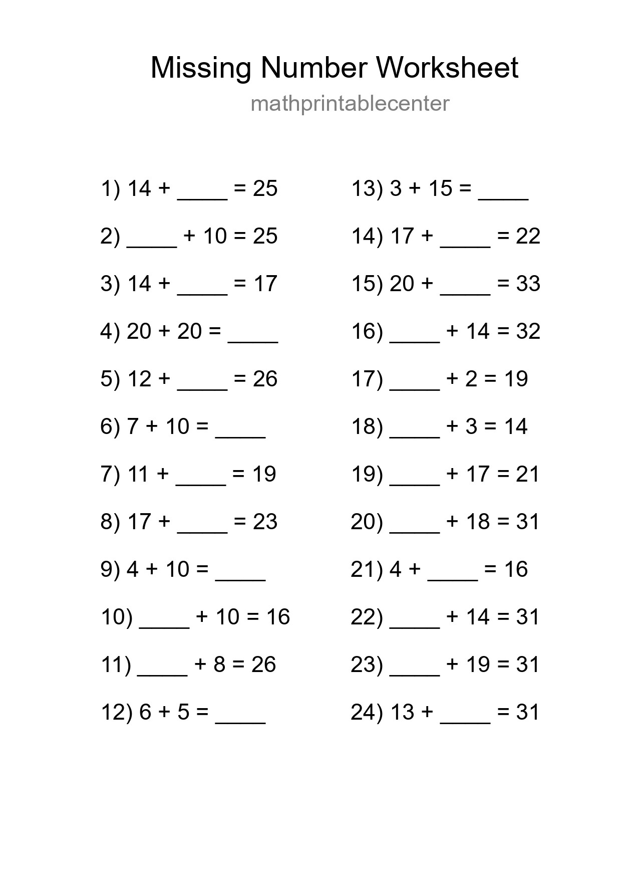 Missing Number Math Worksheet