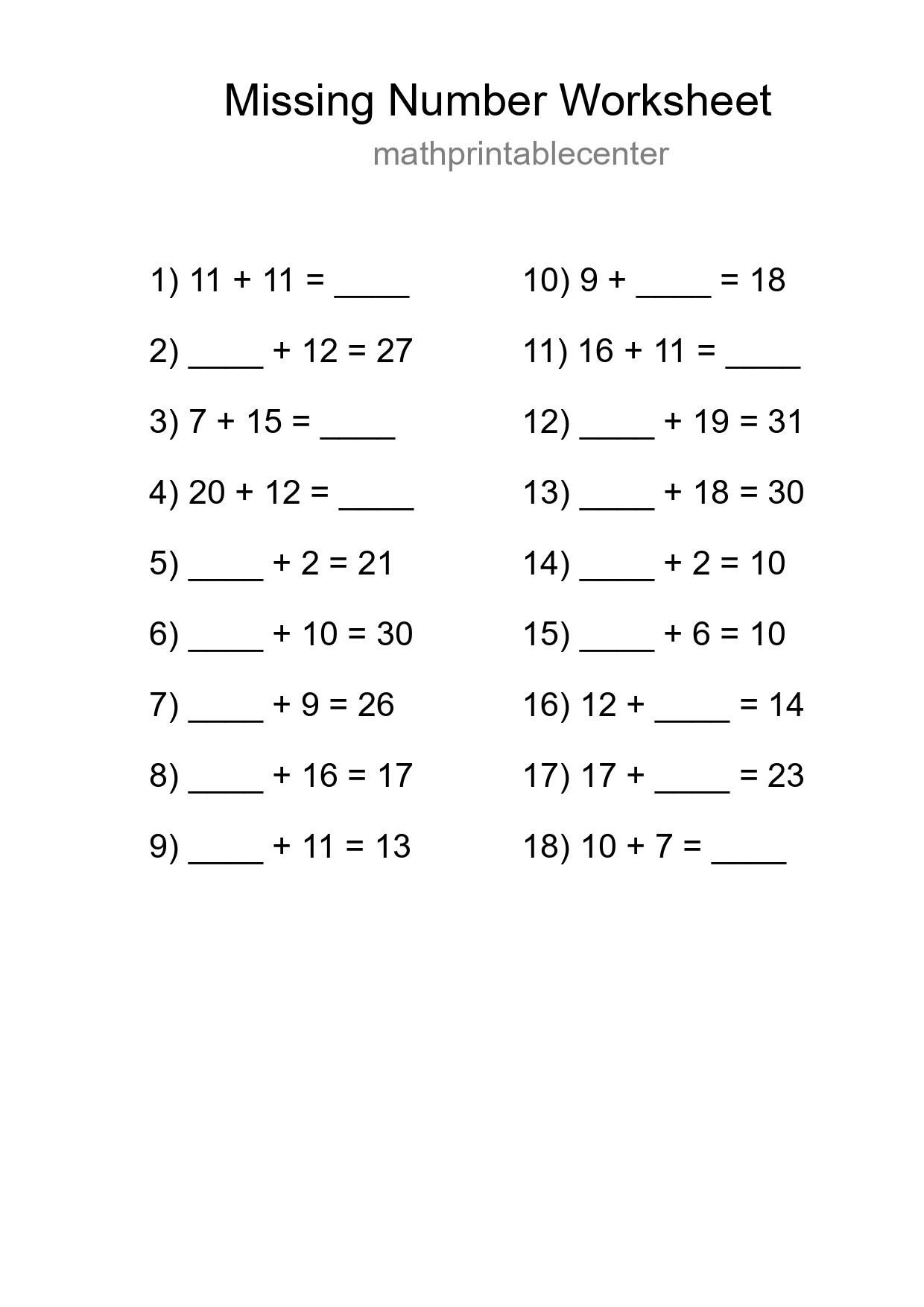 Missing Number Math Worksheet