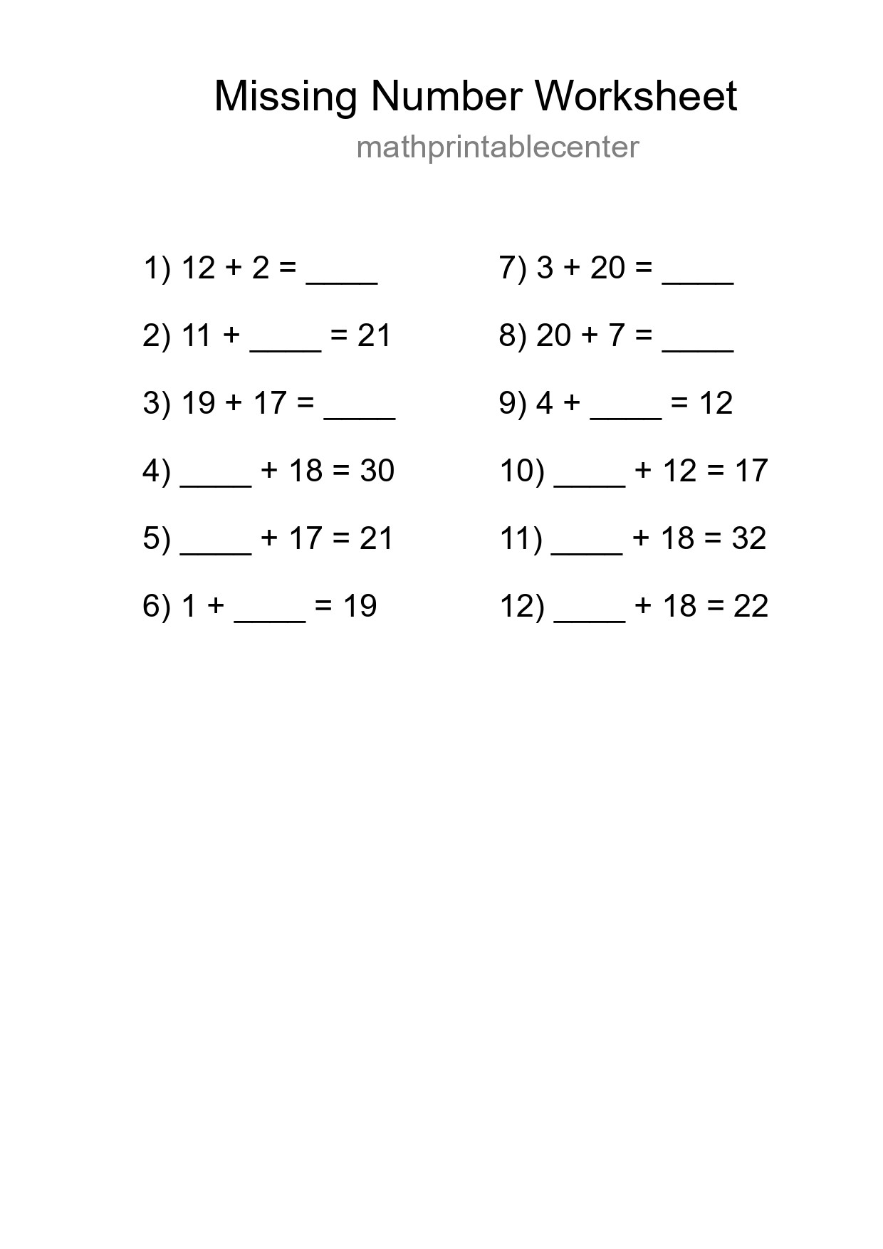 Missing Number Math Worksheet