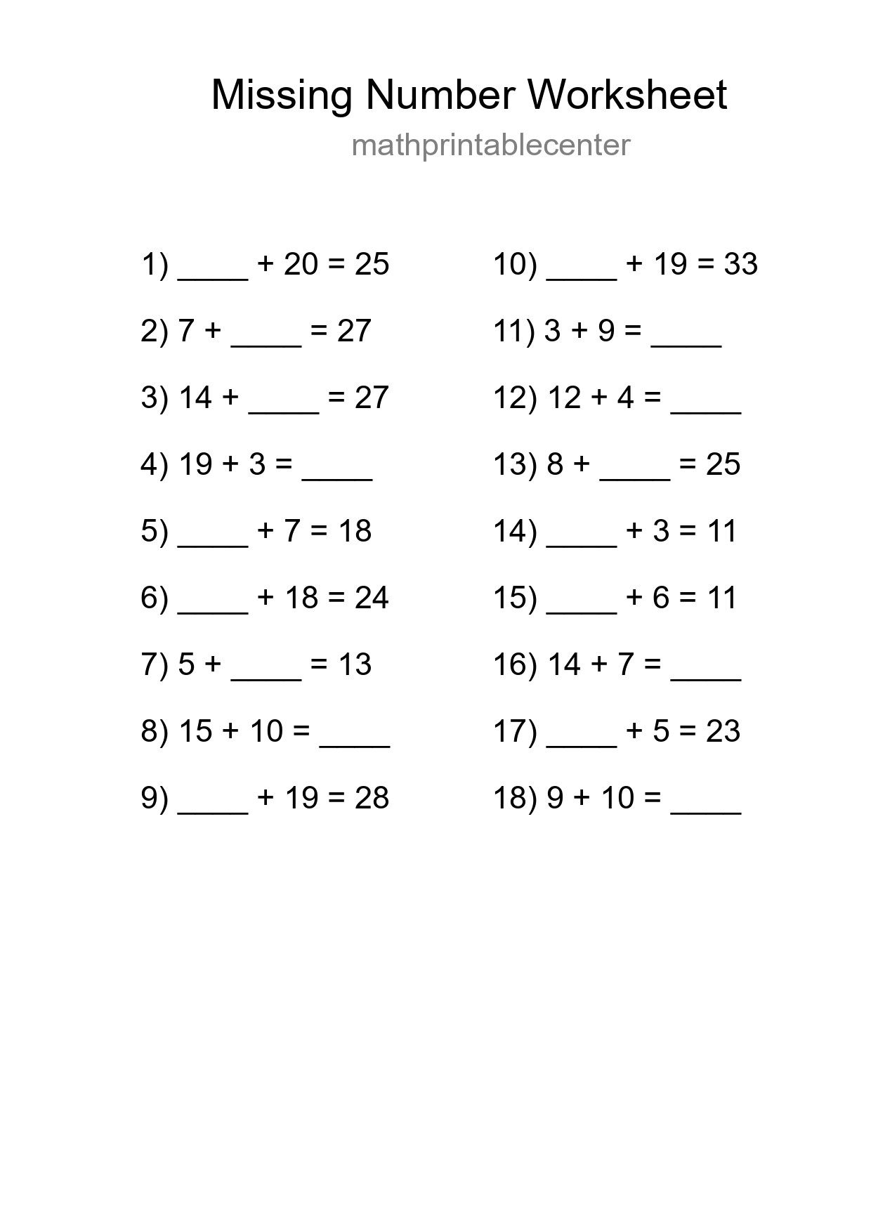 Missing Number Math Worksheet