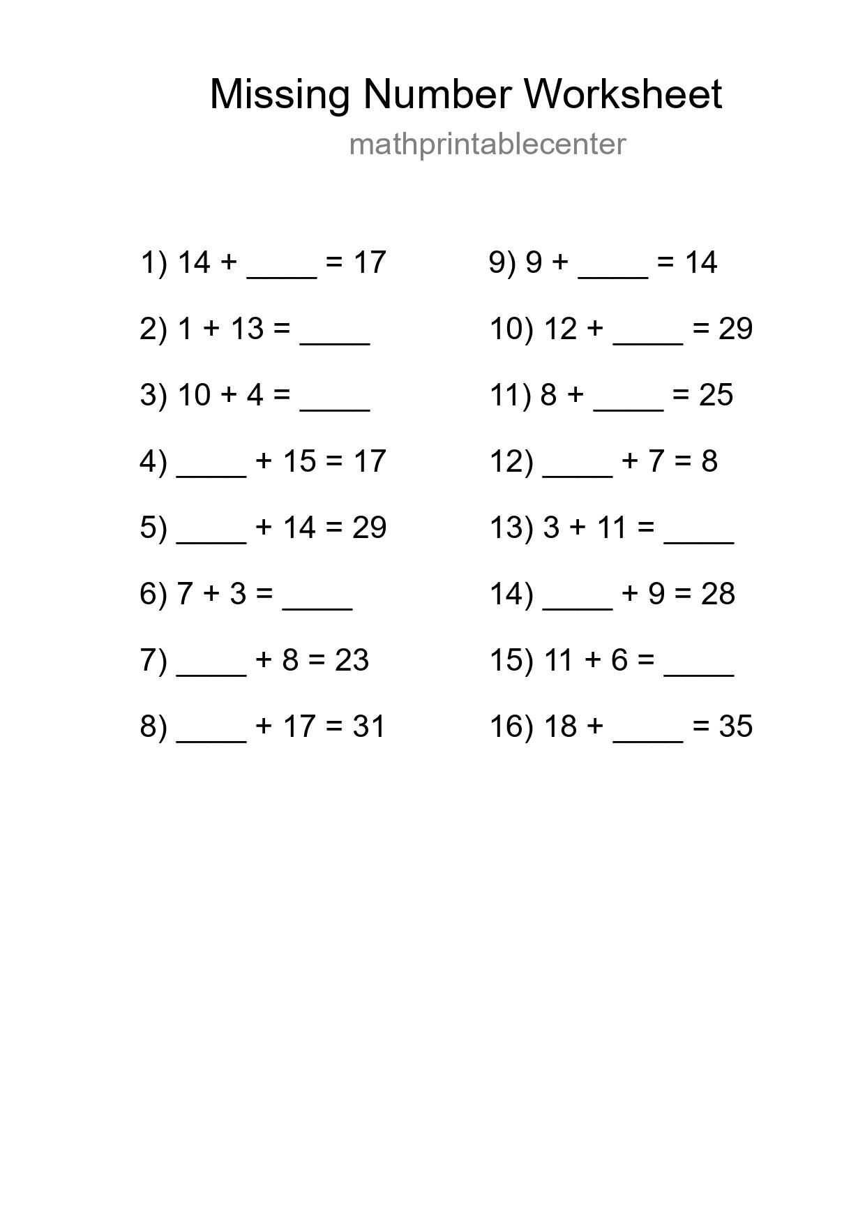 Missing Number Math Worksheet