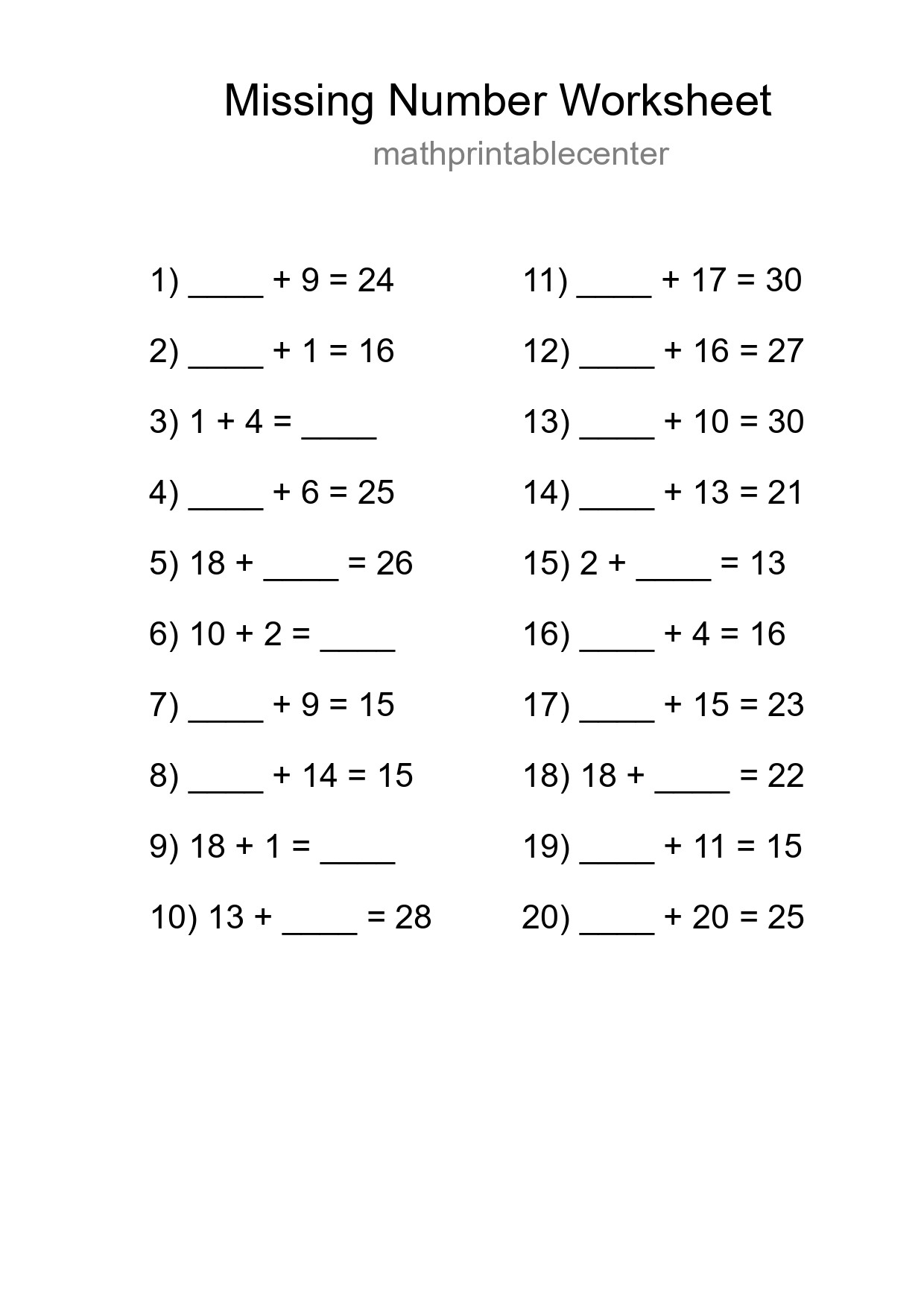 Missing Number Math Worksheet