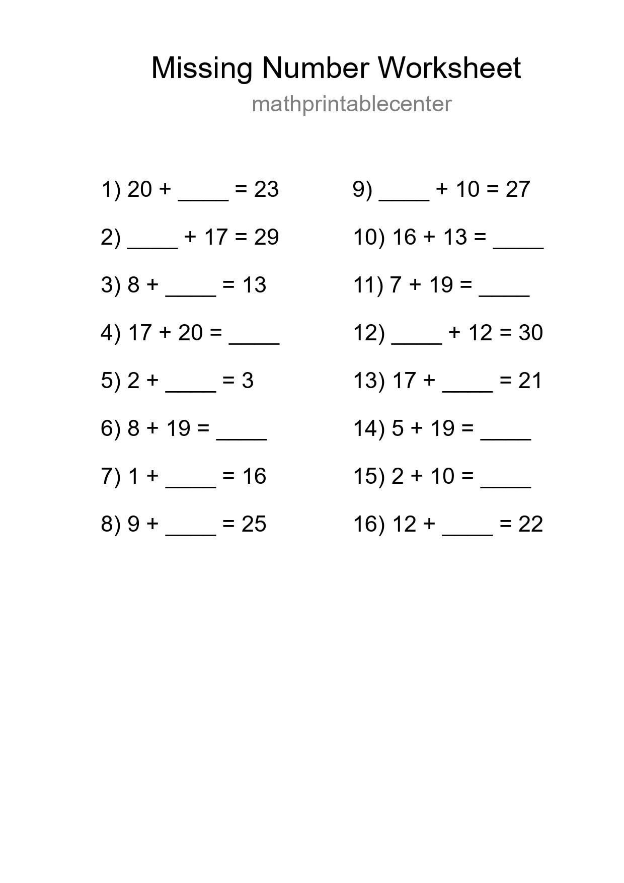 Missing Number Math Worksheet