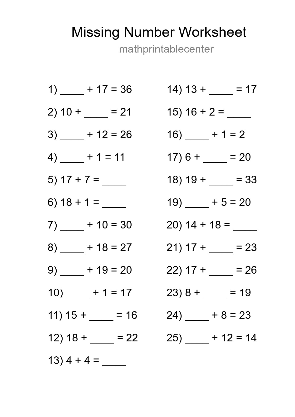 Missing Number Math Worksheet