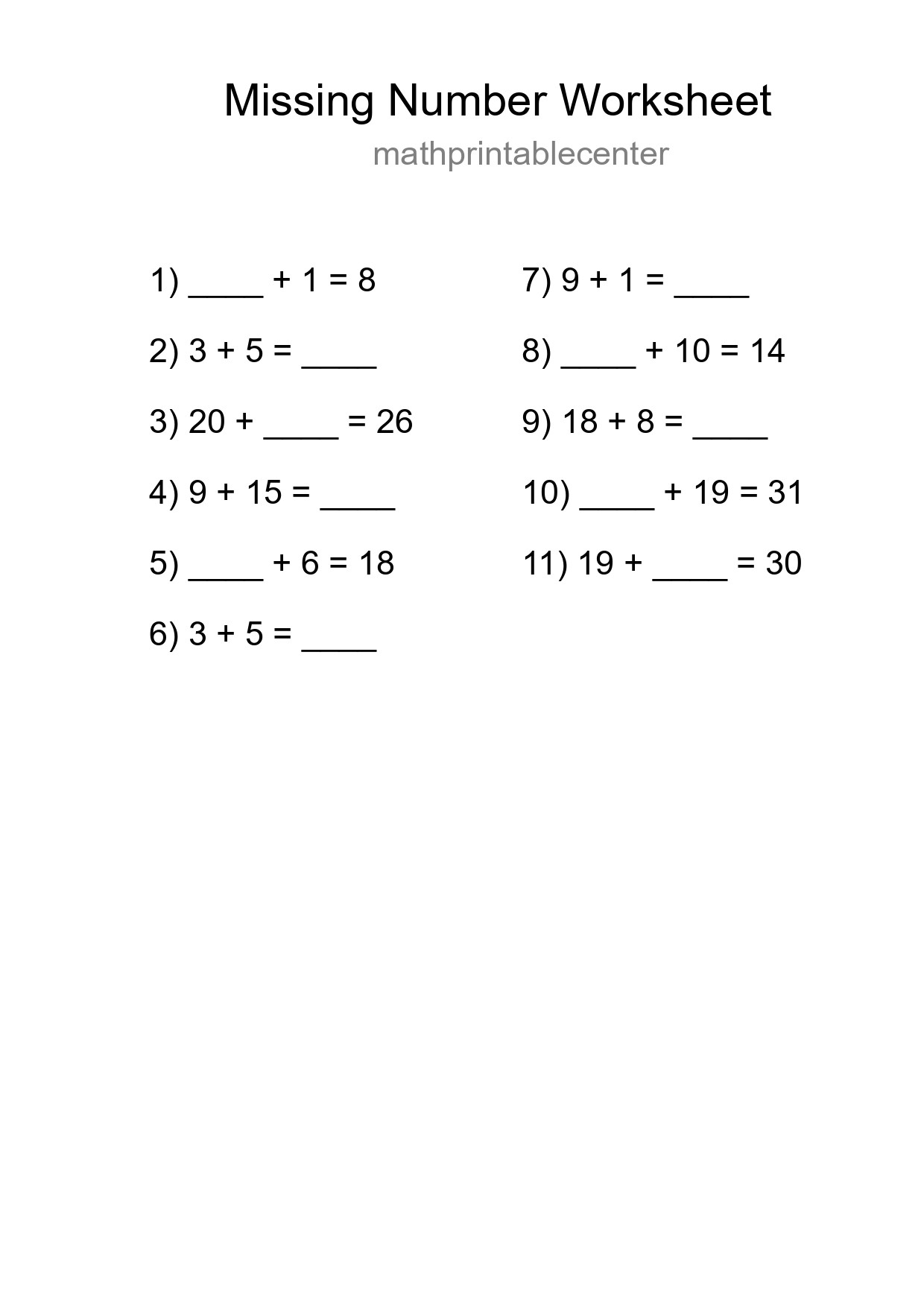 Missing Number Math Worksheet