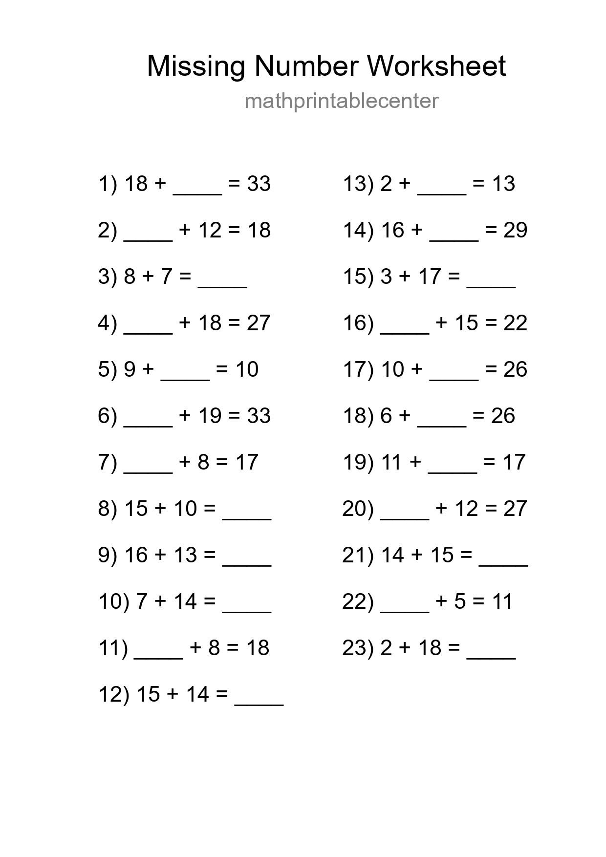 Missing Number Math Worksheet
