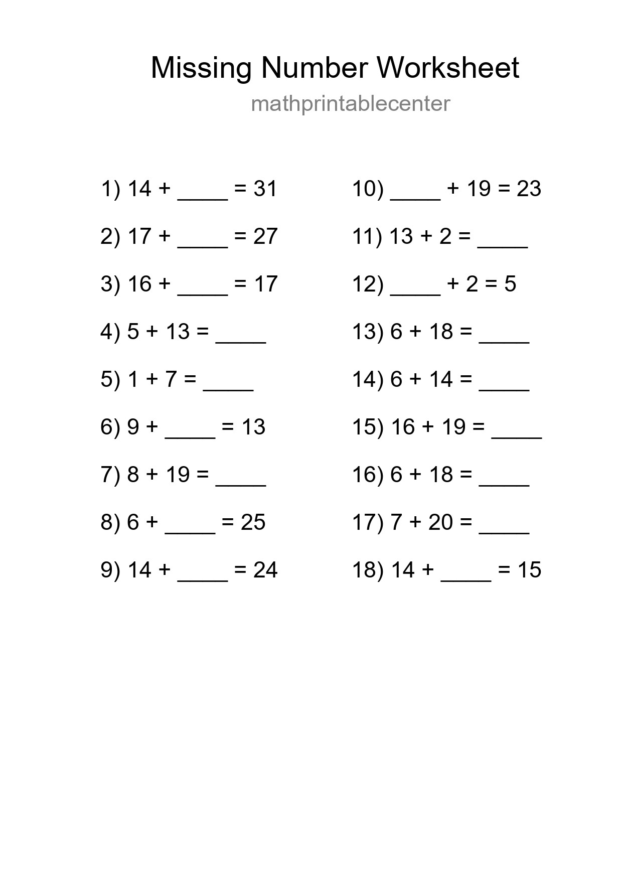 Missing Number Math Worksheet