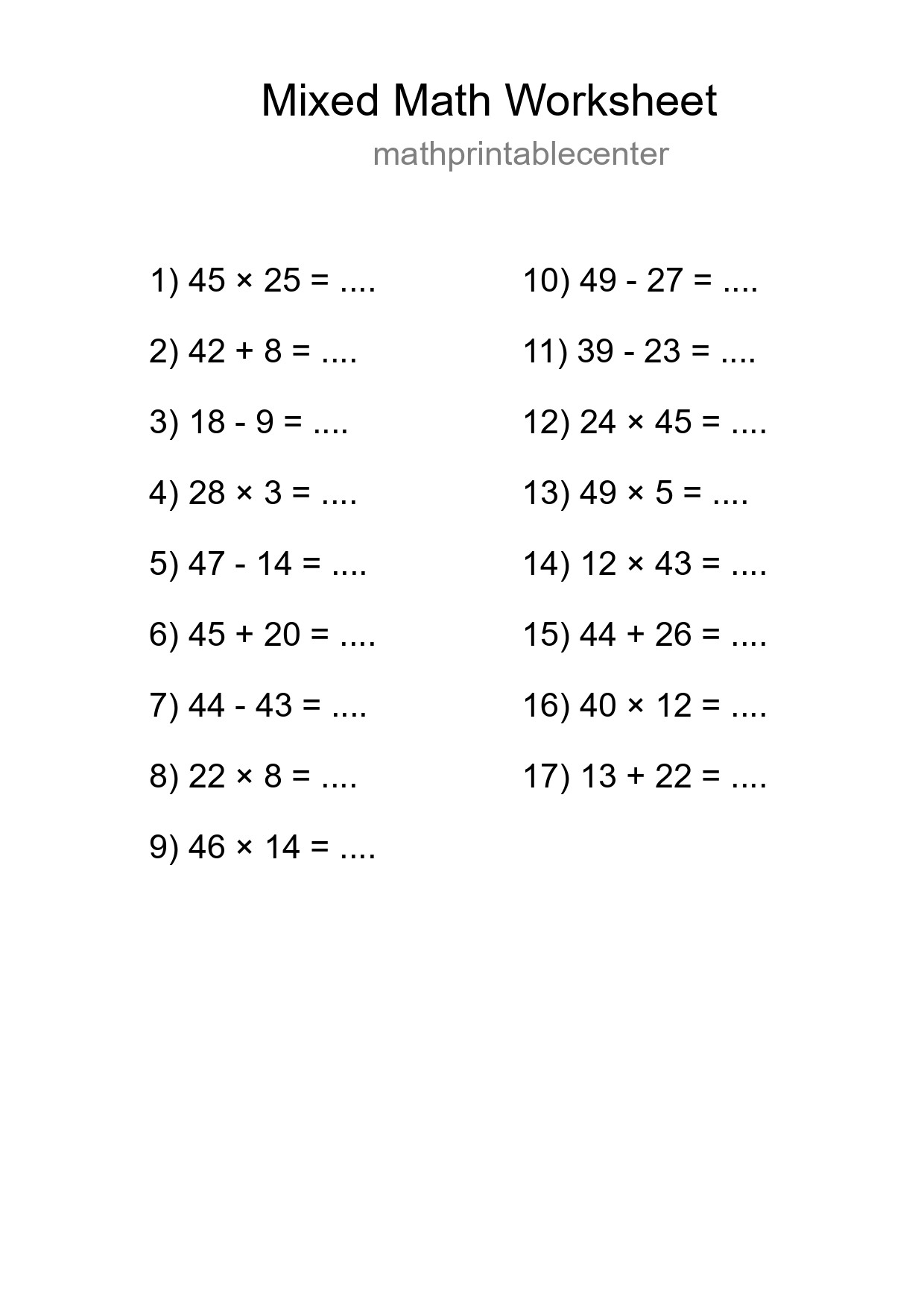 Mixed Operations Math Worksheet