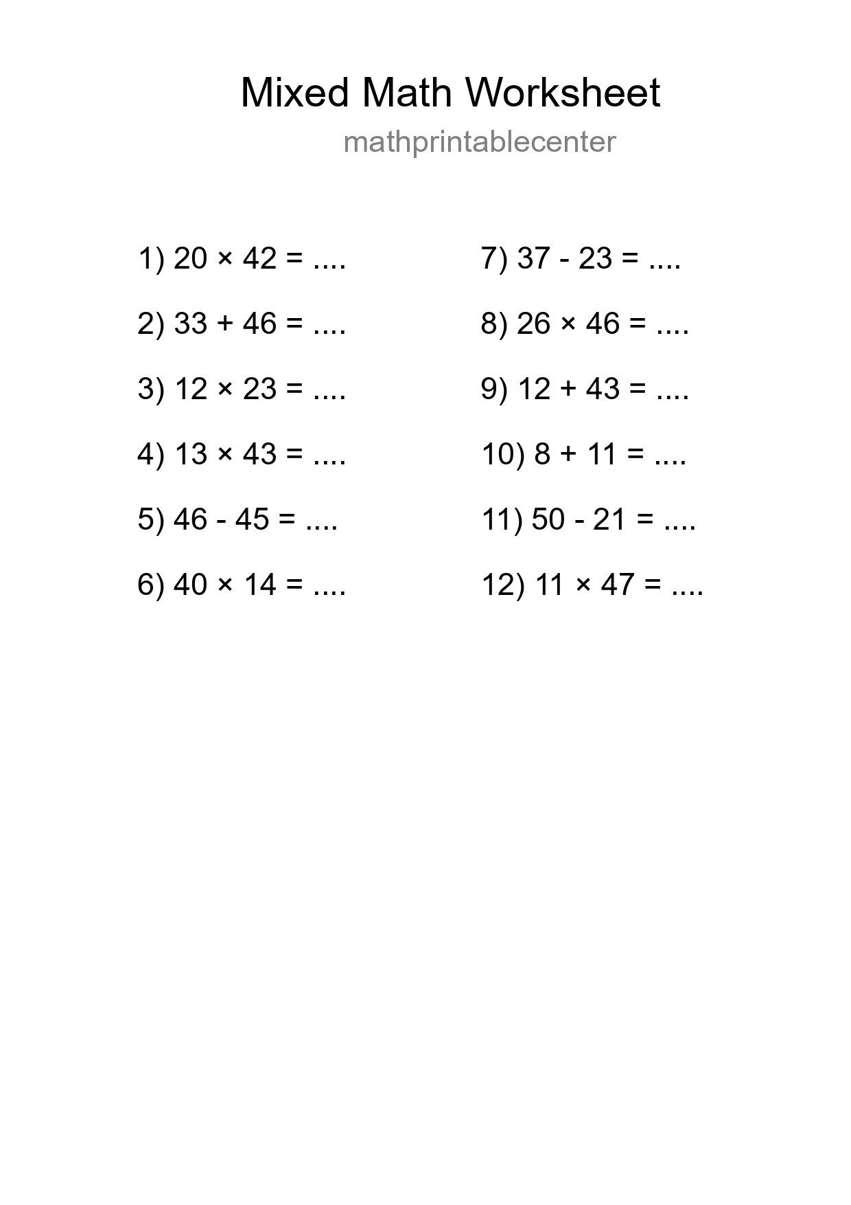 Mixed Operations Math Worksheet