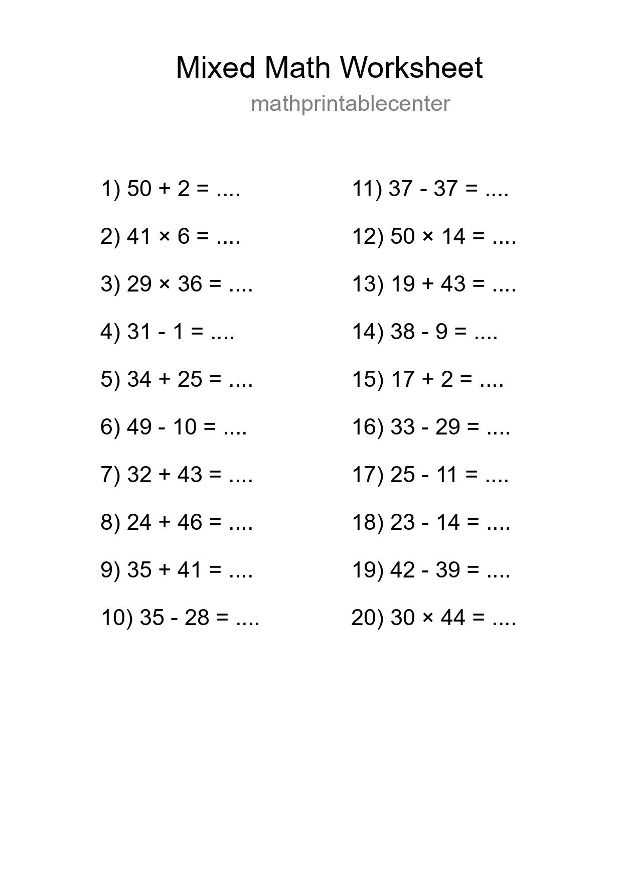 Mixed Operations Math Worksheet