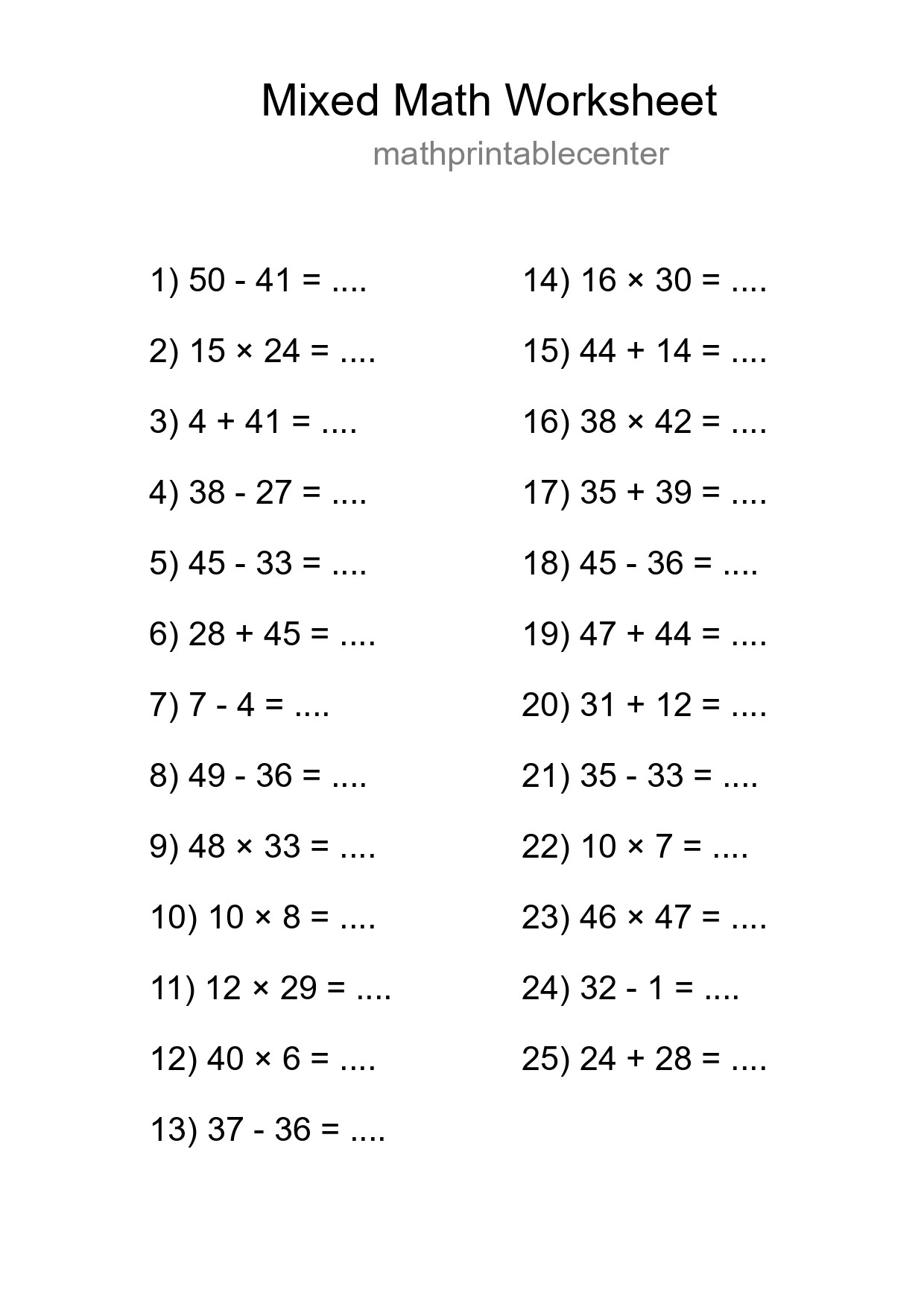 Mixed Operations Math Worksheet